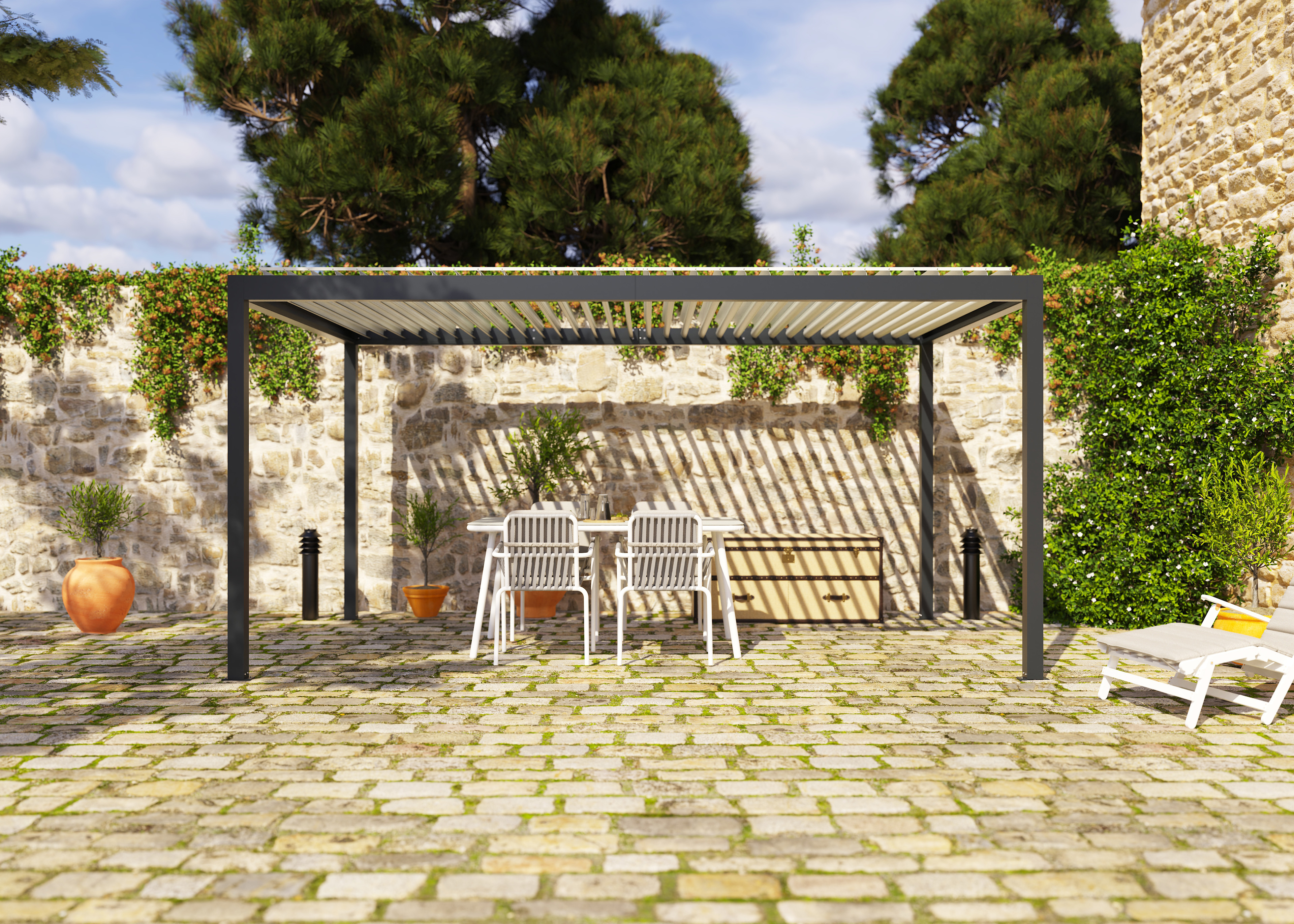 pergola bioclimatica de aluminio tieral caleta gris y lama blanca de 503 x 350 x 262 cm motorizada con led