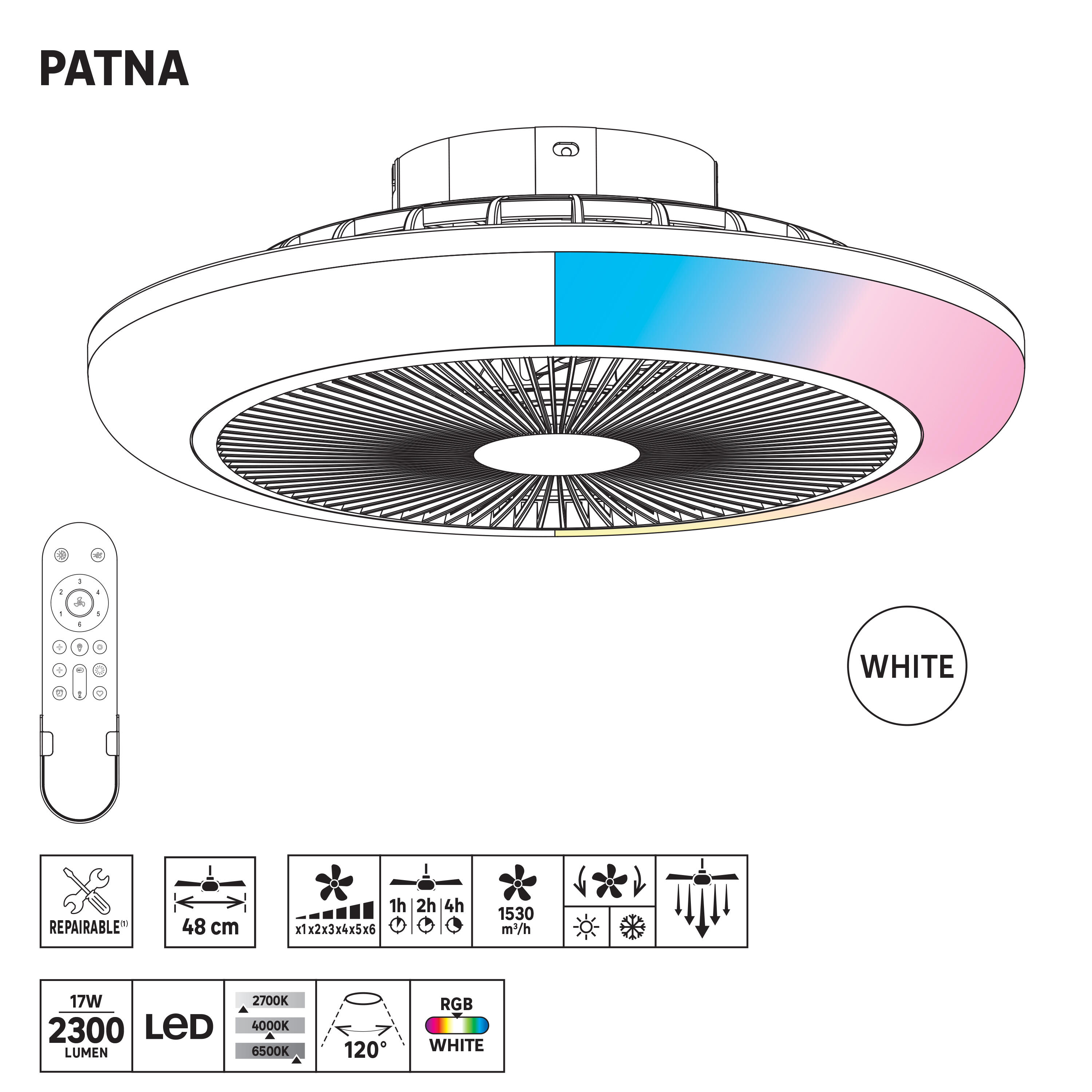 Ventilateur de plafond LED, Patna, 48 cm, blanc - 12