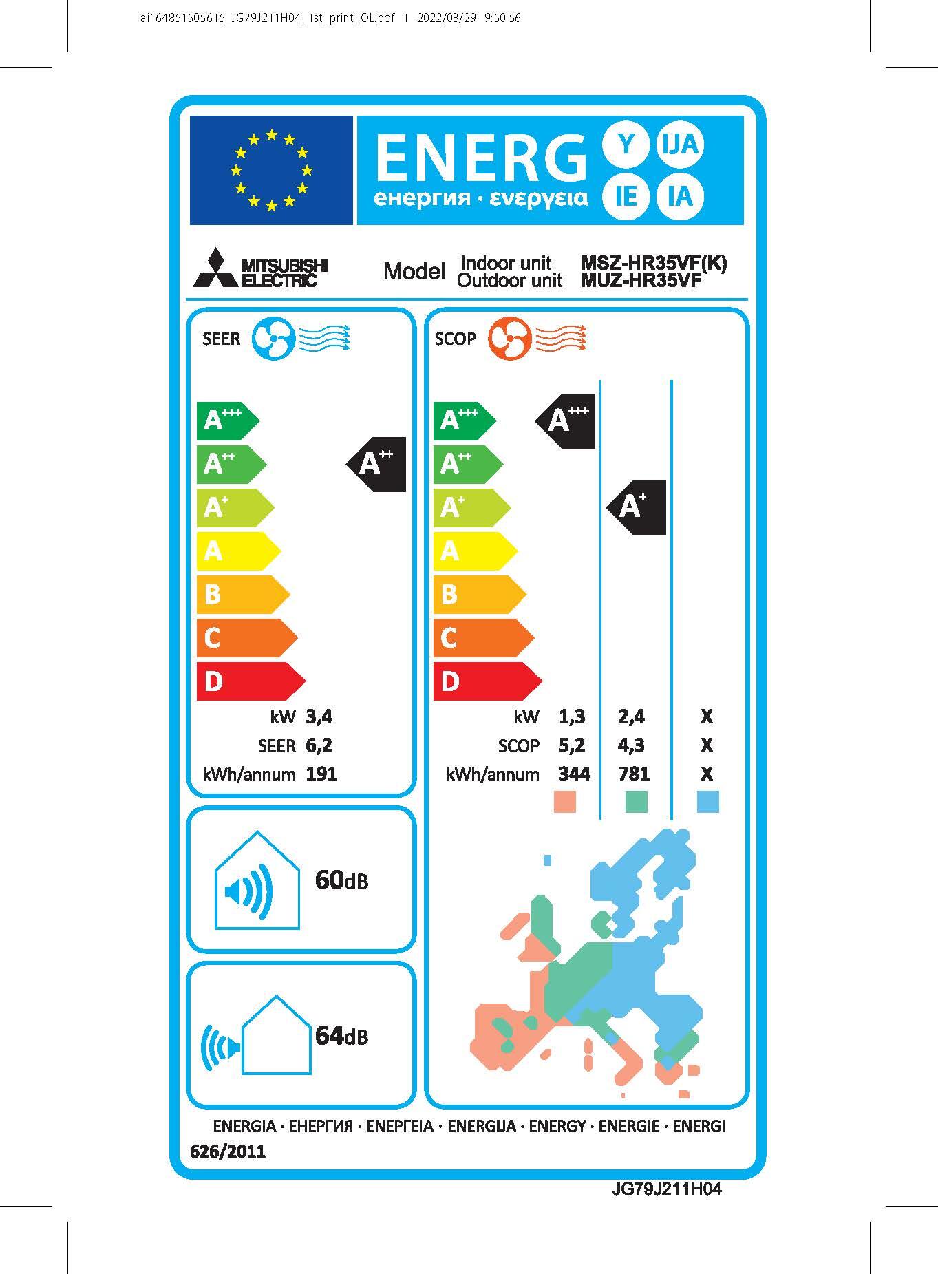 Unità interna condizionatore MITSUBISHI ELECTRIC 12000 BTU inverter WIFI A++/A+ serie MSZ-HR35VFK - 2