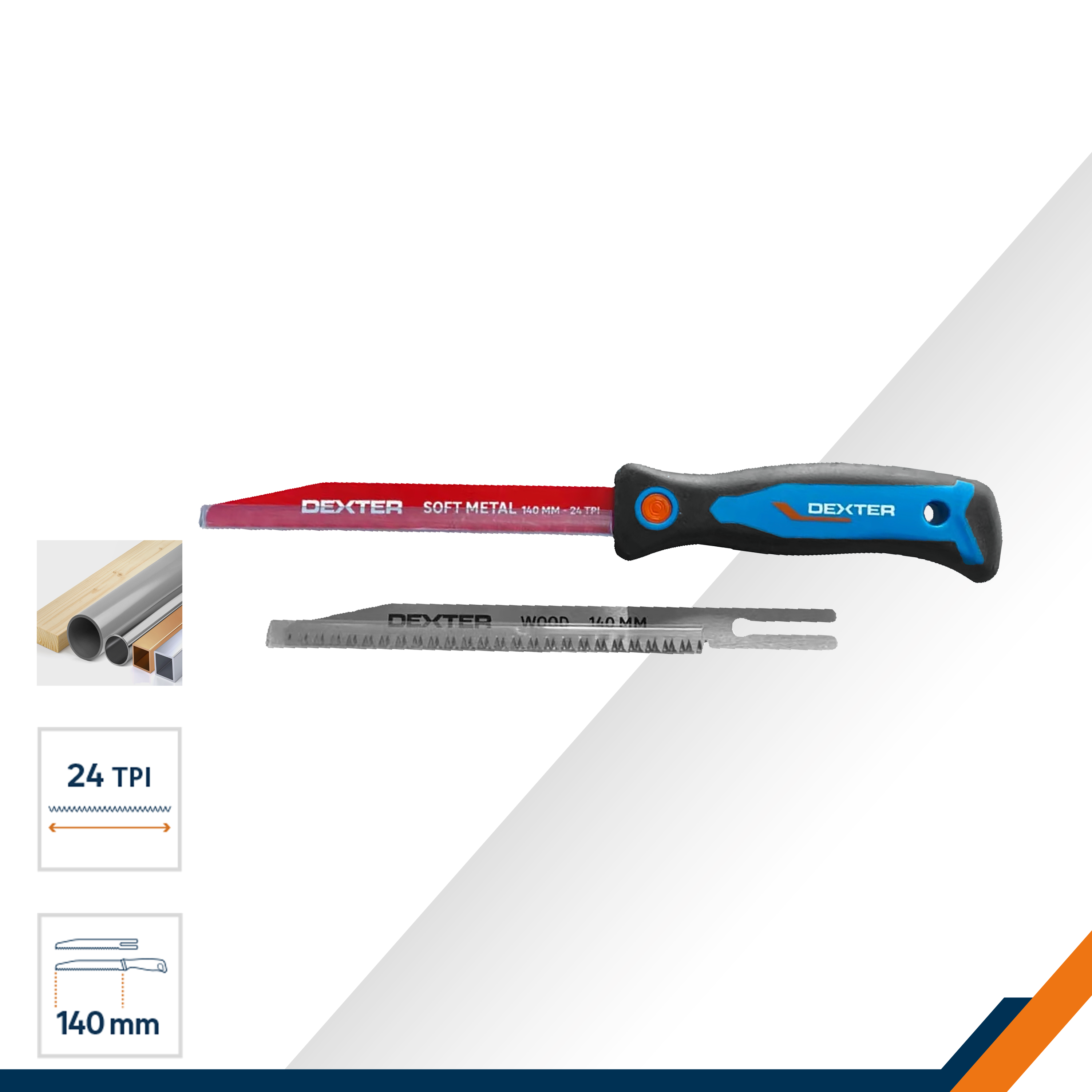Mini serra 140 mm com 2 lâminas para metal e madeira 9 e 24 TPI Dexter - 2