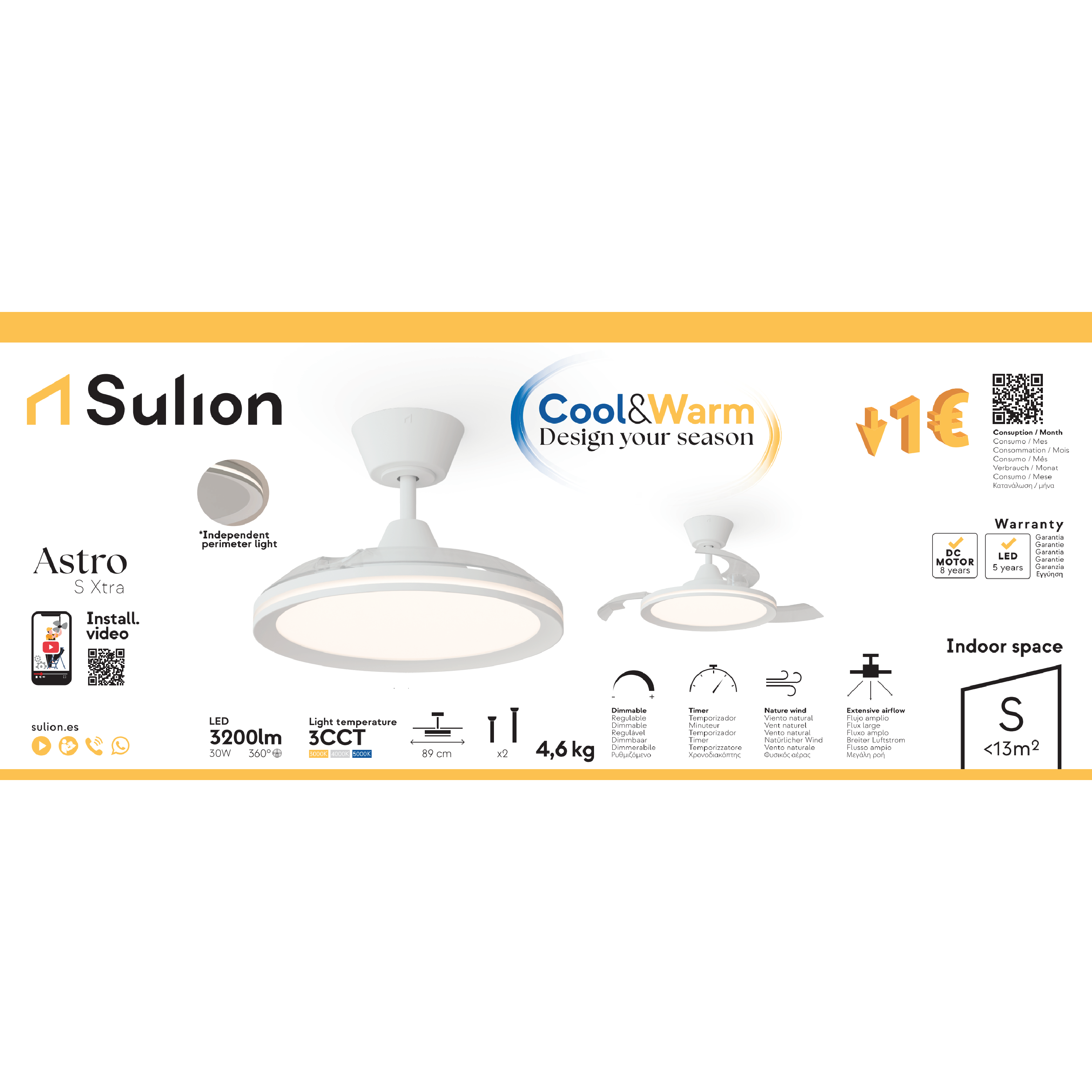 Ventilador de techo con luz silencioso DC 22W con mando ø89 cm Astro SULION blanco luz CCT 3 aspas retráctiles tipo lámpara| 6 velocidades| modo verano/invierno| recomendado para <13m² - 9