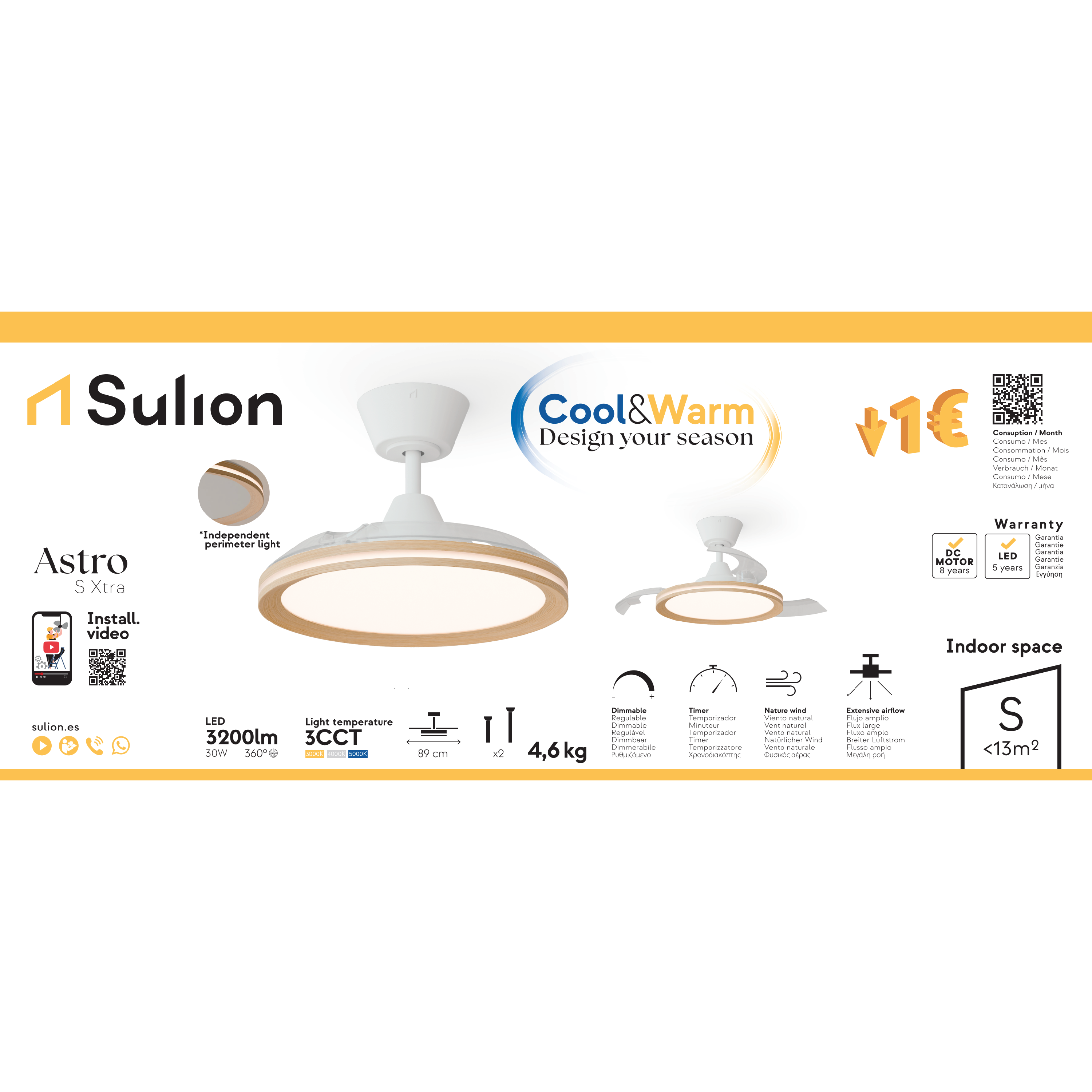 Ventilador de techo con luz silencioso DC 22W con mando ø89 cm Astro SULION blanco luz CCT 3 aspas retráctiles tipo lámpara| 6 velocidades| modo verano/invierno| recomendado para <13m² - 12