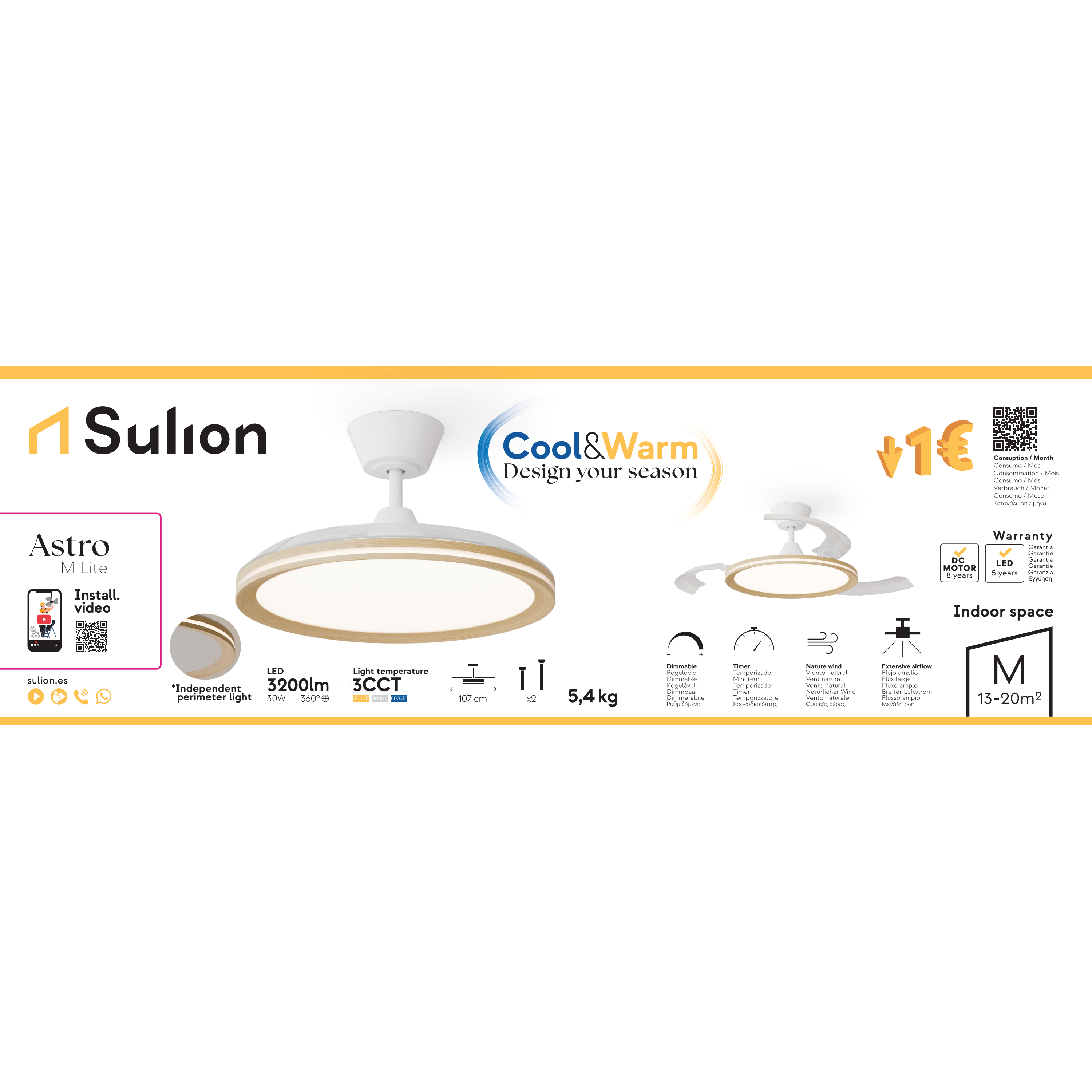 Ventilador de techo con luz silencioso DC 32W con mando ø107 cm Astro SULION blanco luz CCT 3 aspas retráctiles tipo lámpara| 6 velocidades| modo verano/invierno| recomendado de 13 a 20m² - 8