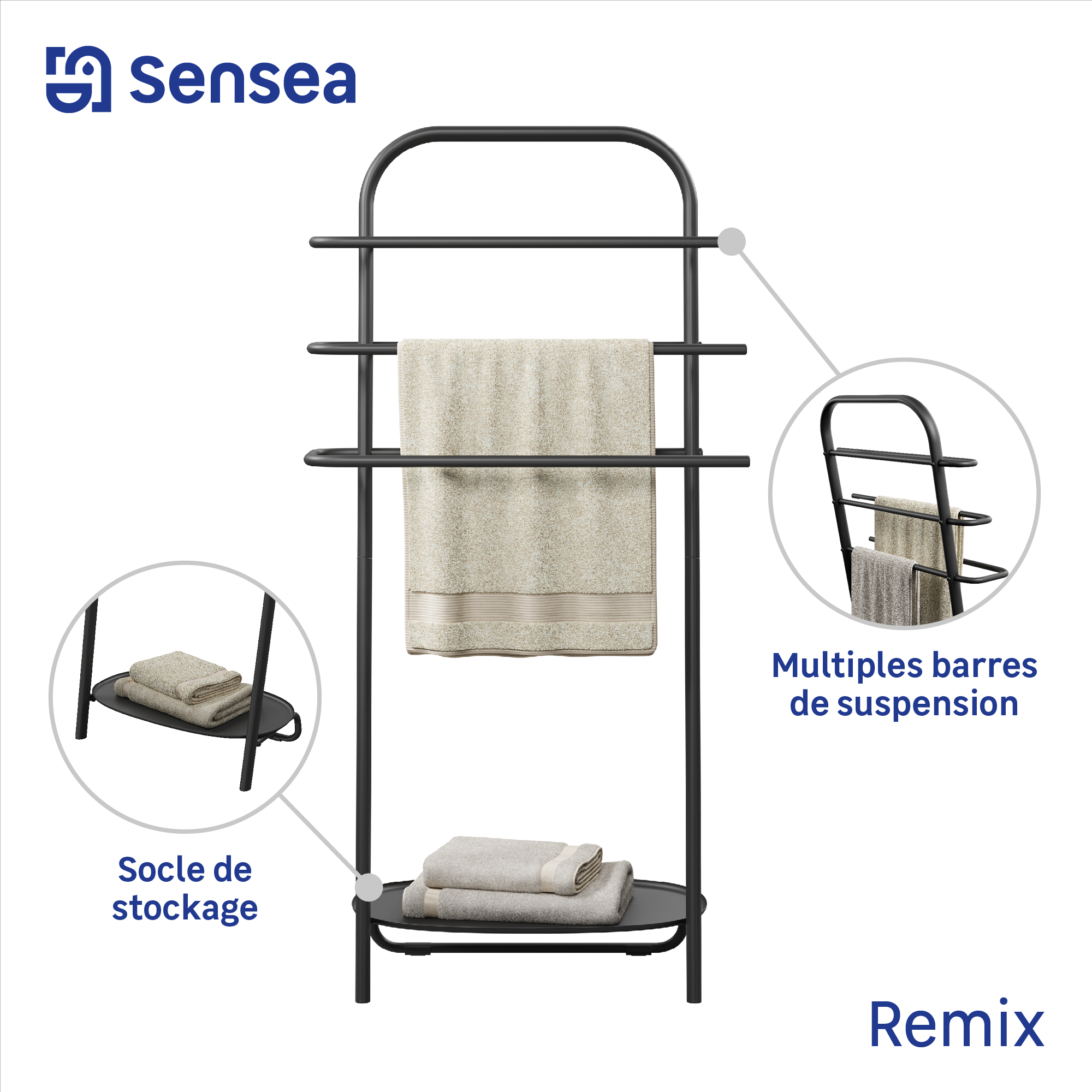 Porte-serviette sur pied Remix noir SENSEA - 3