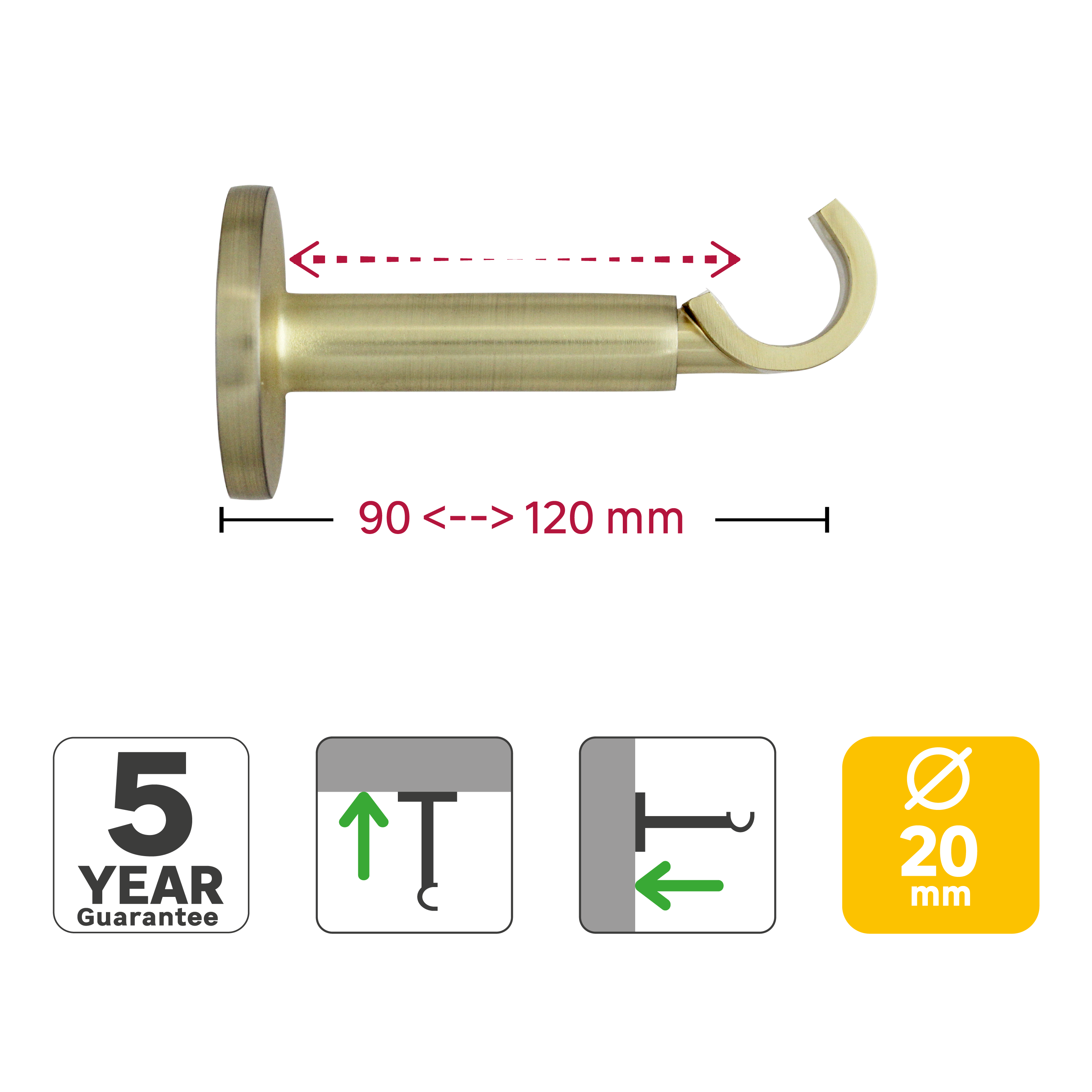2 Soportes pared para barra diámetro 20 mm Glamour INSPIRE oro mate cepillado extensible 12 cm - 3