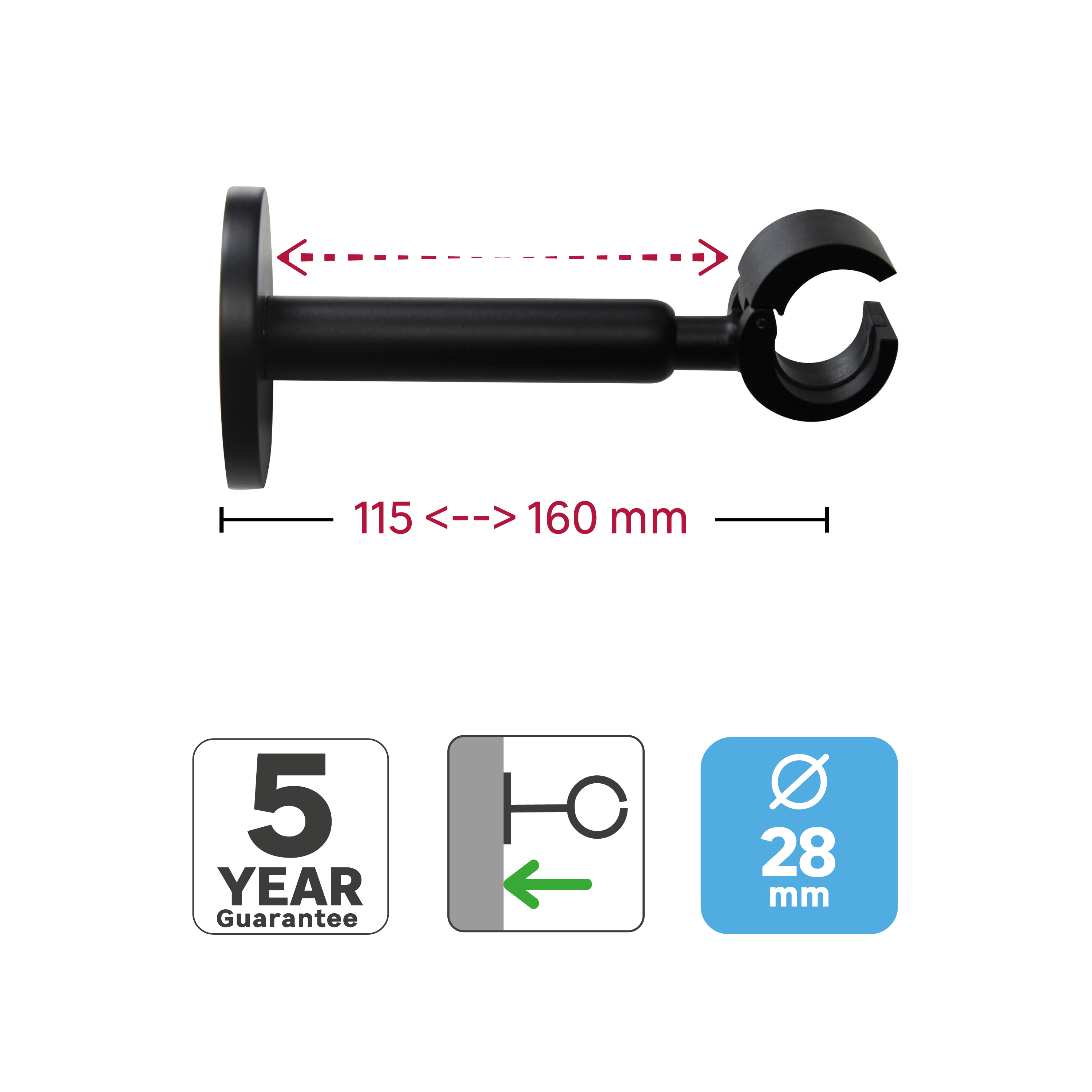 1 Soporte pared para barra diámetro 28 mm Design INSPIRE aluminio extensible 11.5-16 cm - 3