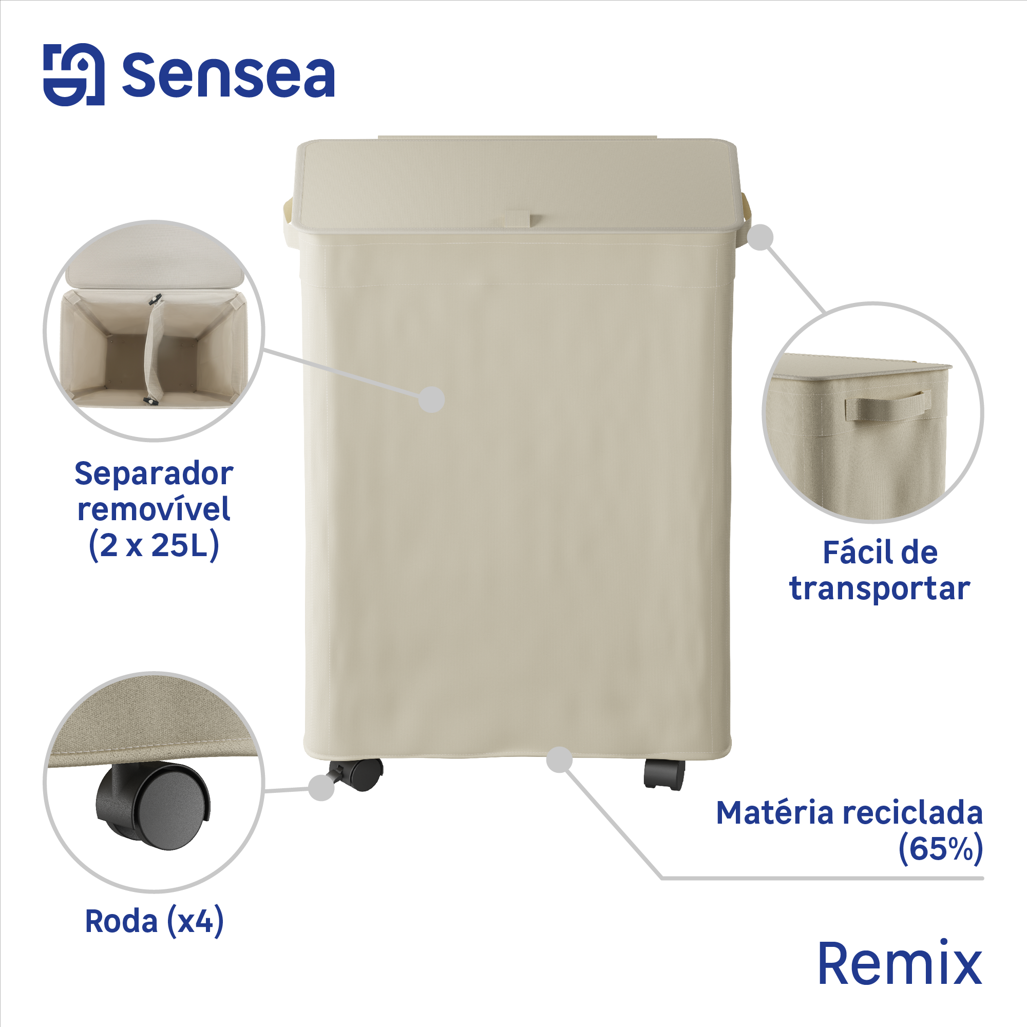Cesto de roupa 50 lt bege Sensea Remix Trench 6 - 6
