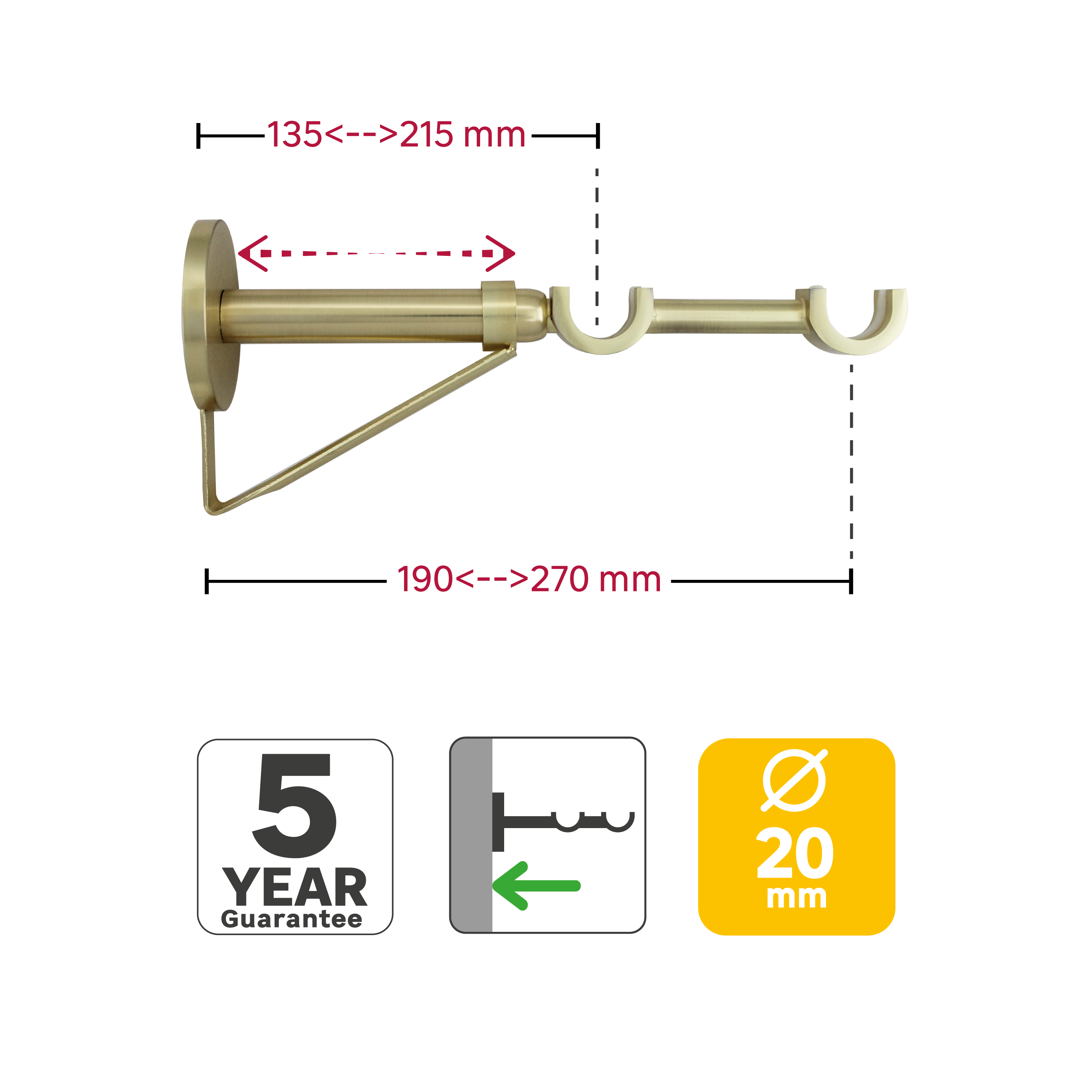 1 Soporte a techo para 2 barras diámetro 20 mm Glamour INSPIRE aluminio oro mate cepillado 27 cm - 3