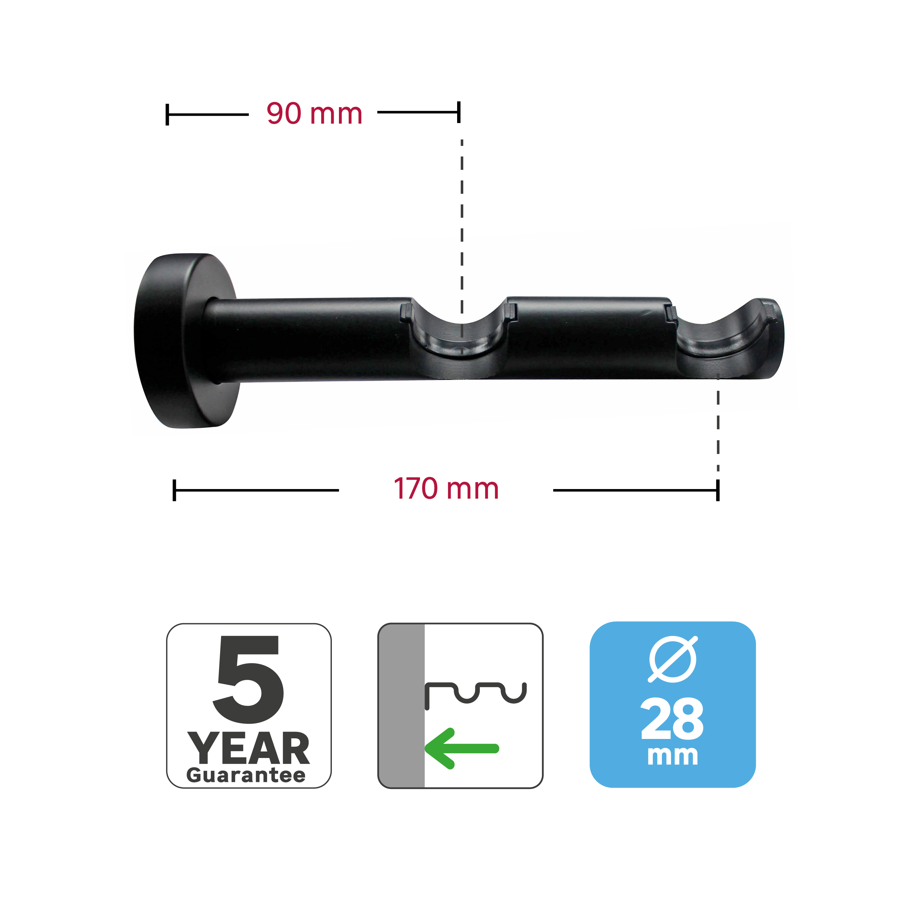 1 Soporte a pared para 2 barras diámetro 28 mm Design INSPIRE Aluminio negro mate pintado fijo 9-17 cm - 3