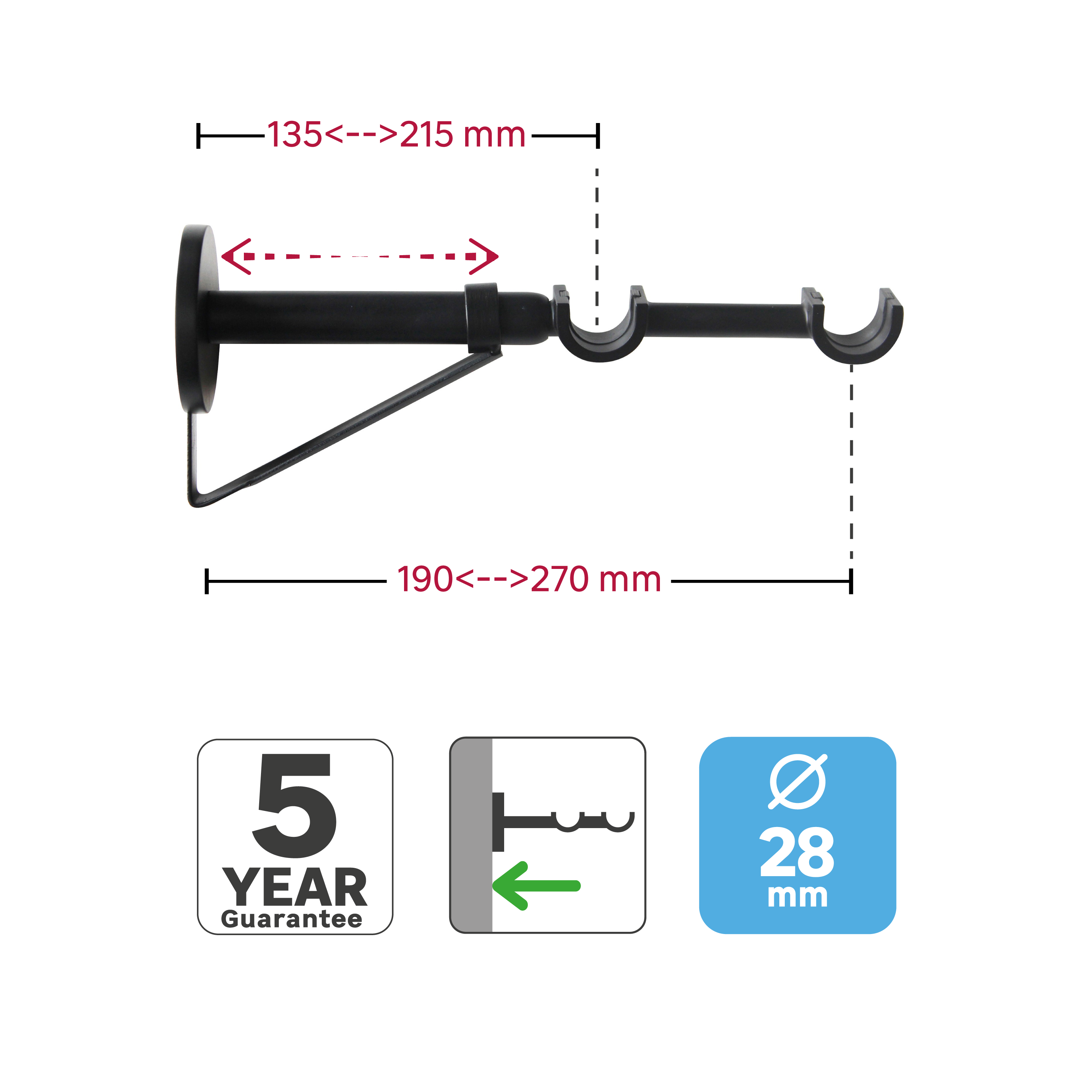 1 Soporte a pared para 2 barras diámetro 28 mm Design INSPIRE aluminio negro mate pintado extensible 13.5-27 cm - 3