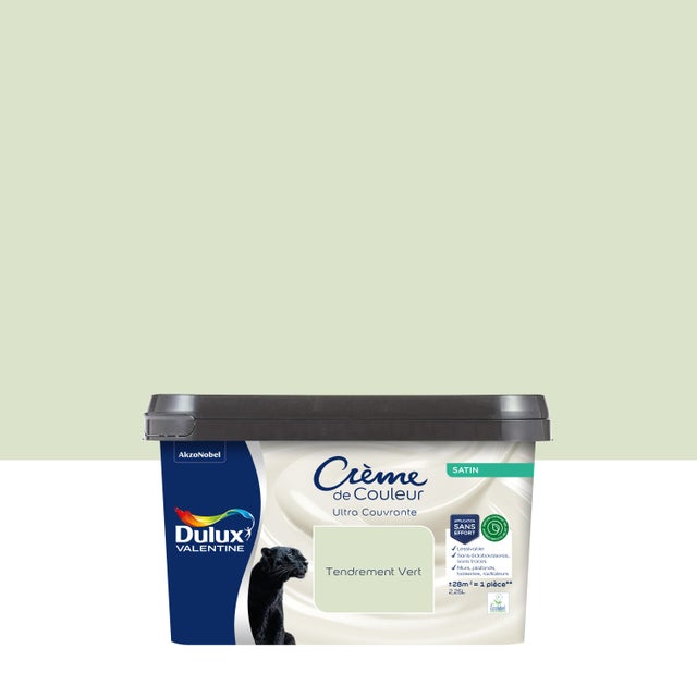 Peinture mur tendrement vert satin DULUX VALENTINE Crème de couleur 2.25L