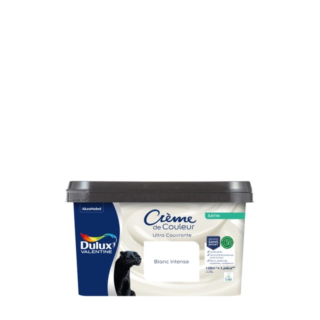 Peinture mur blanc intense satin DULUX VALENTINE Crème de couleur 2.25L