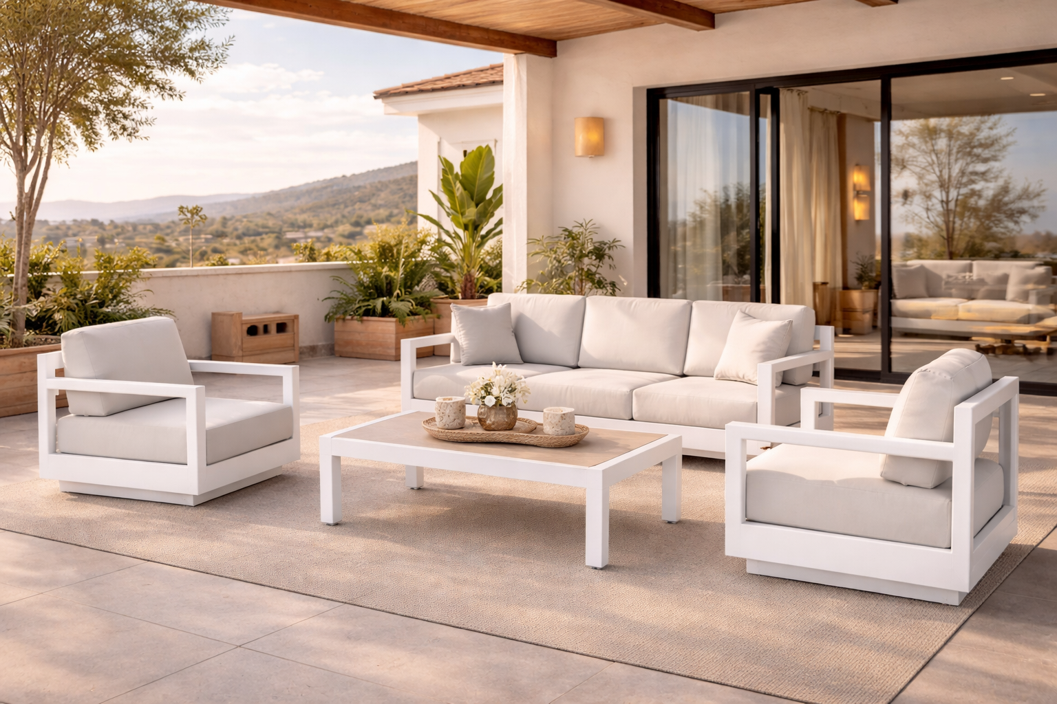 Mesa auxiliar de aluminio y cerámica Luca blanco Taupe de 132x42x60 cm - 17