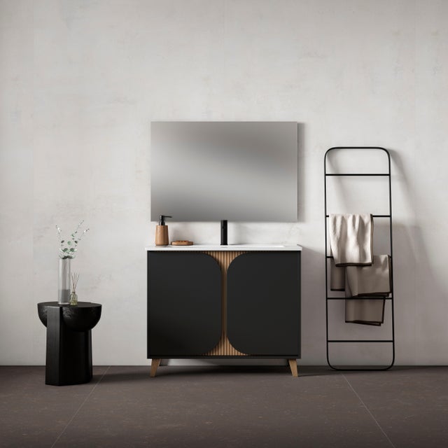 Conjunto mueble de baño a suelo con lavabo y espejo Tulip negro con dos puertas 100x46 cm
