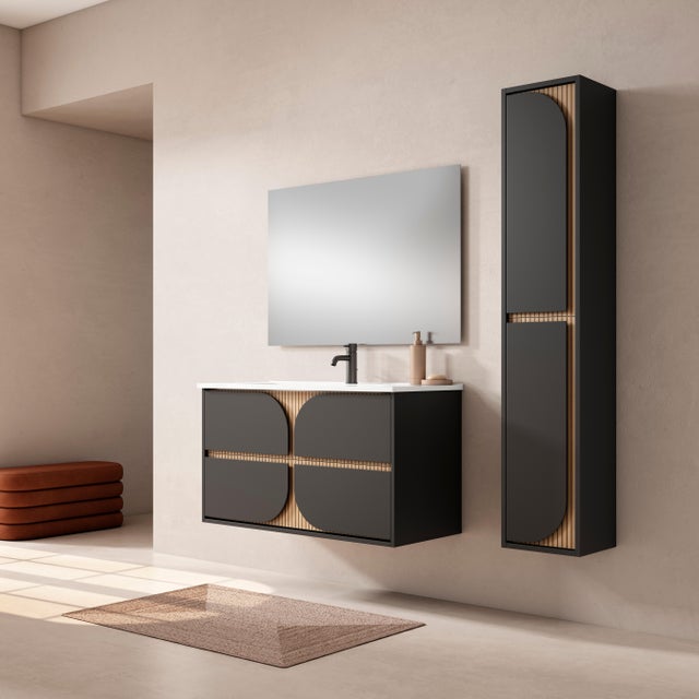 Conjunto mueble de baño suspendido con lavabo y espejo Tulip negro 80x46 cm
