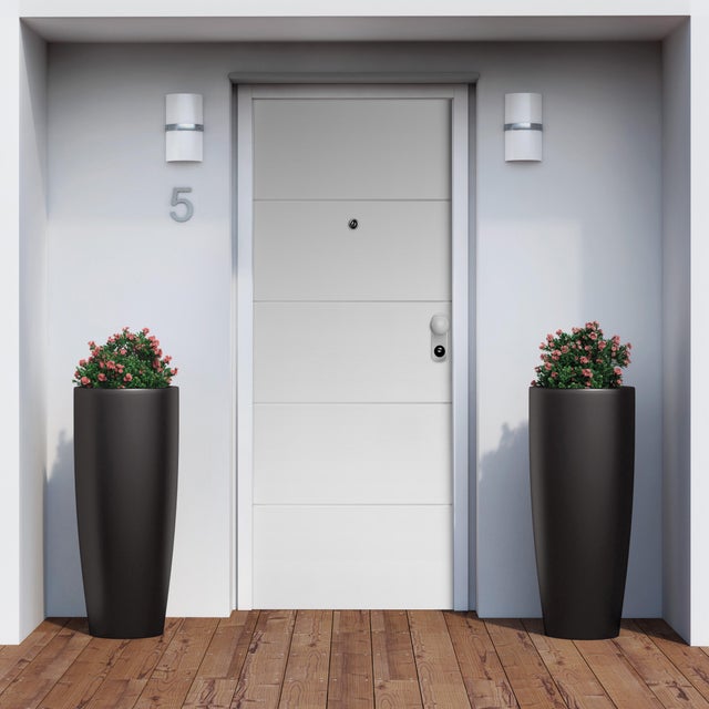 Porta de entrada de segurança branca lisa/branca riscas de 80x200cm esquerda