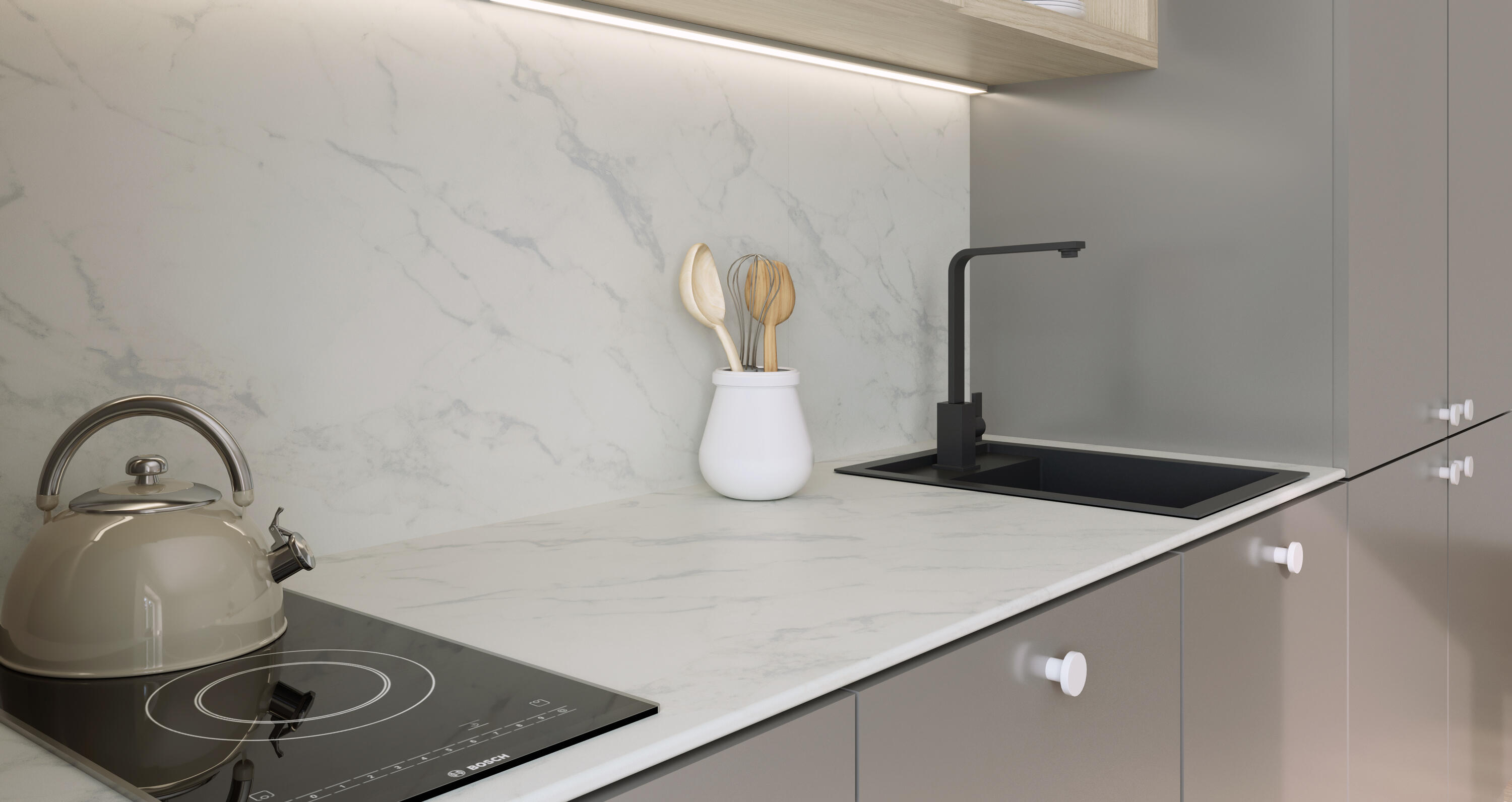 Encimera de cocina laminada compacta Amazona marmol blanco 244x63 cm espesor 13mm - 2