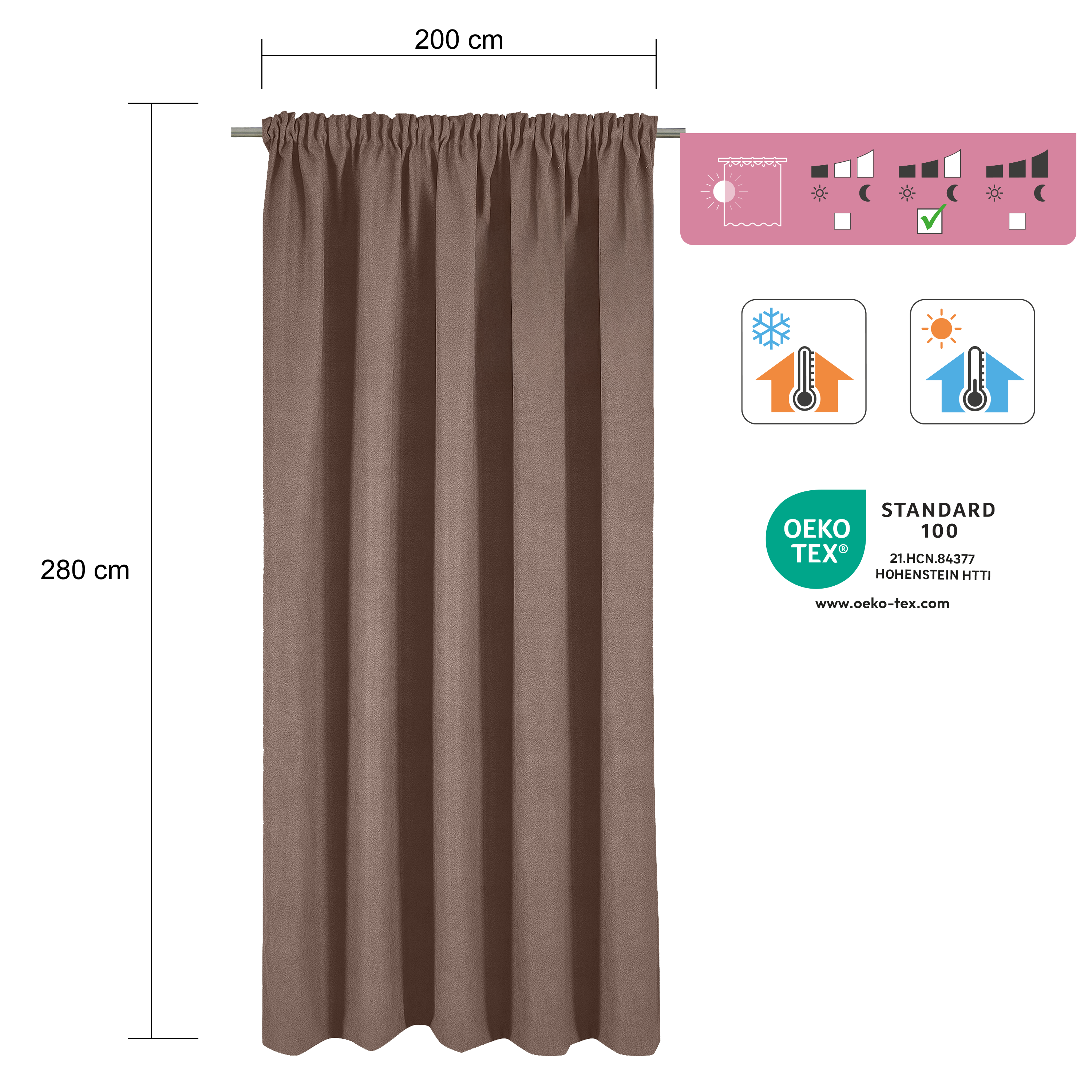 Cortinado fita e/ou presilha térmico Ragnar 200x280cm castanho Inspire - 7
