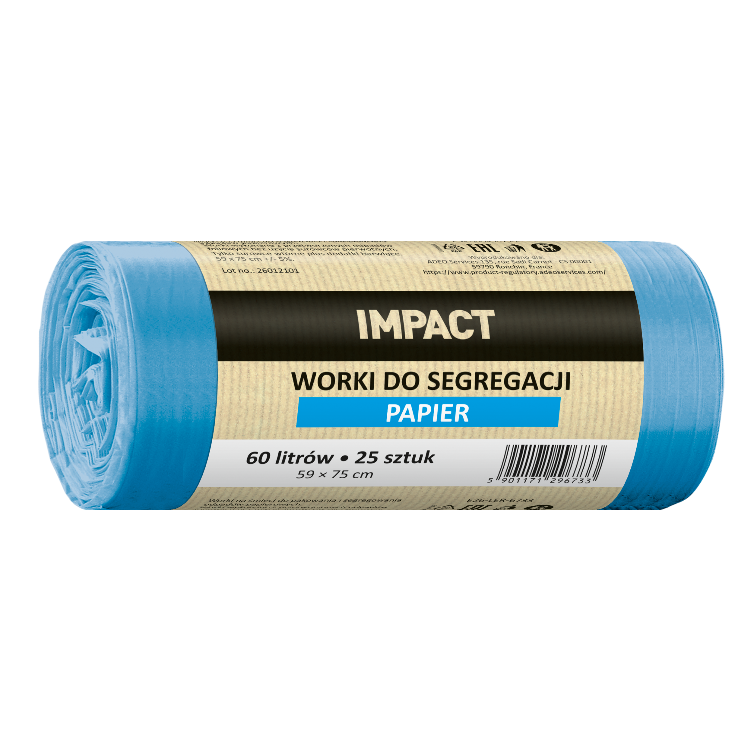 Worki na śmieci do segregacji papieru 60 l 25 szt. niebieskie Impact