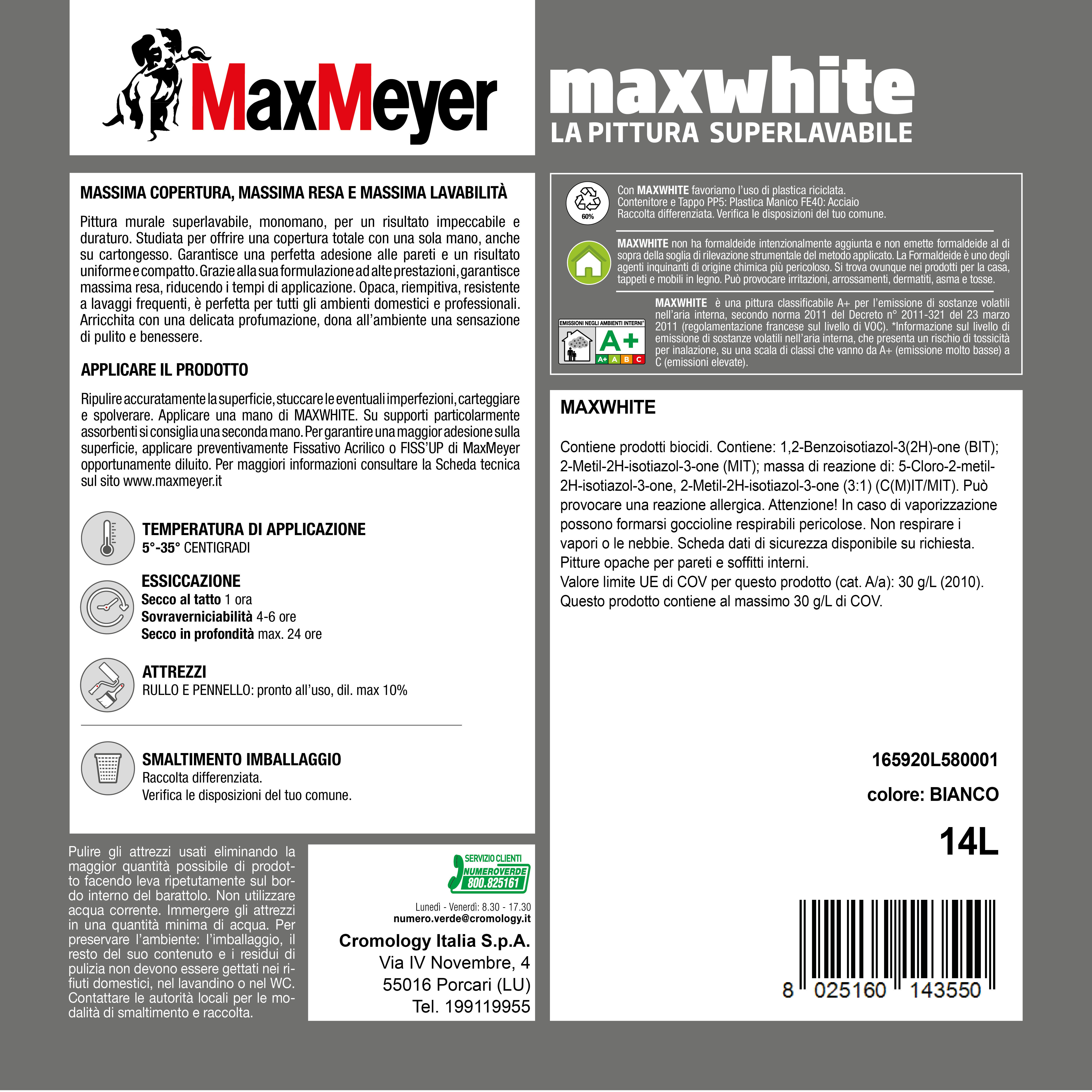 Pittura per interni per parete e soffitto super lavabile, MAXMEYER MAXWHITE bianco opaco, 14 L - 3