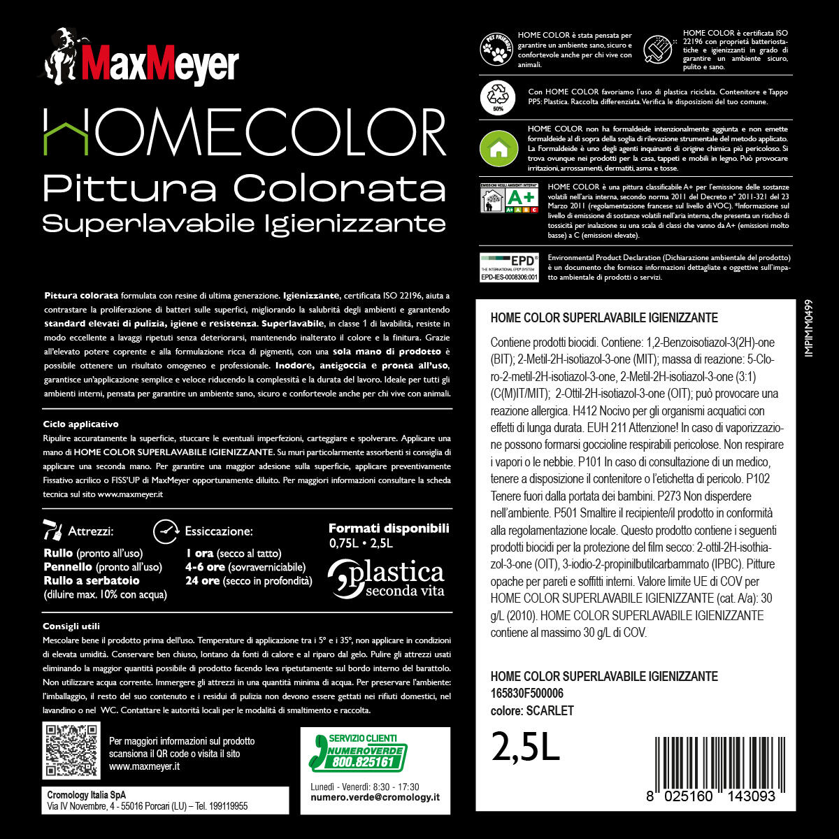 Pittura per interni per parete e soffitto super lavabile, MAXMEYER HOME COLOR igienizzante rosso Scarlet opaco profondo, 2.5 L - 5