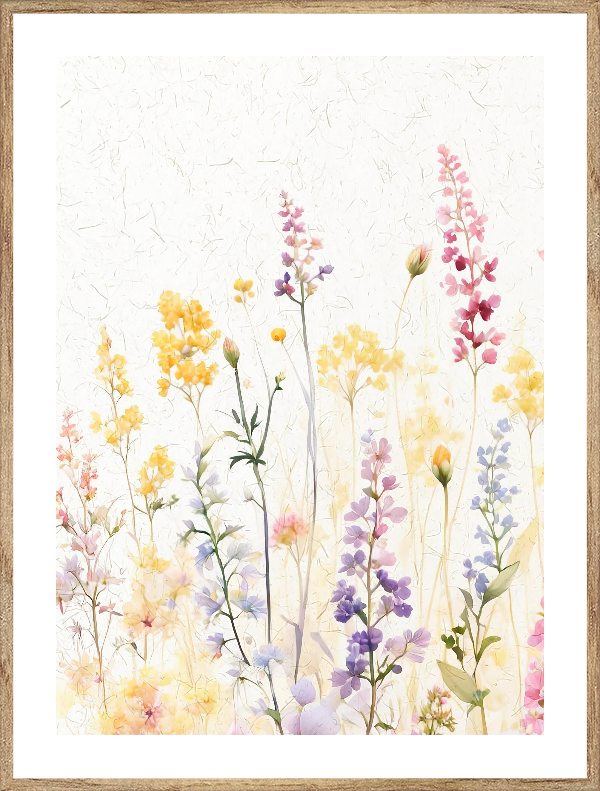 Cuadro pintura impresa enmarcada Botánica rectangular de 31 x 41 cm. MDF Flores lilas multicolor. Marco color Haya - 2