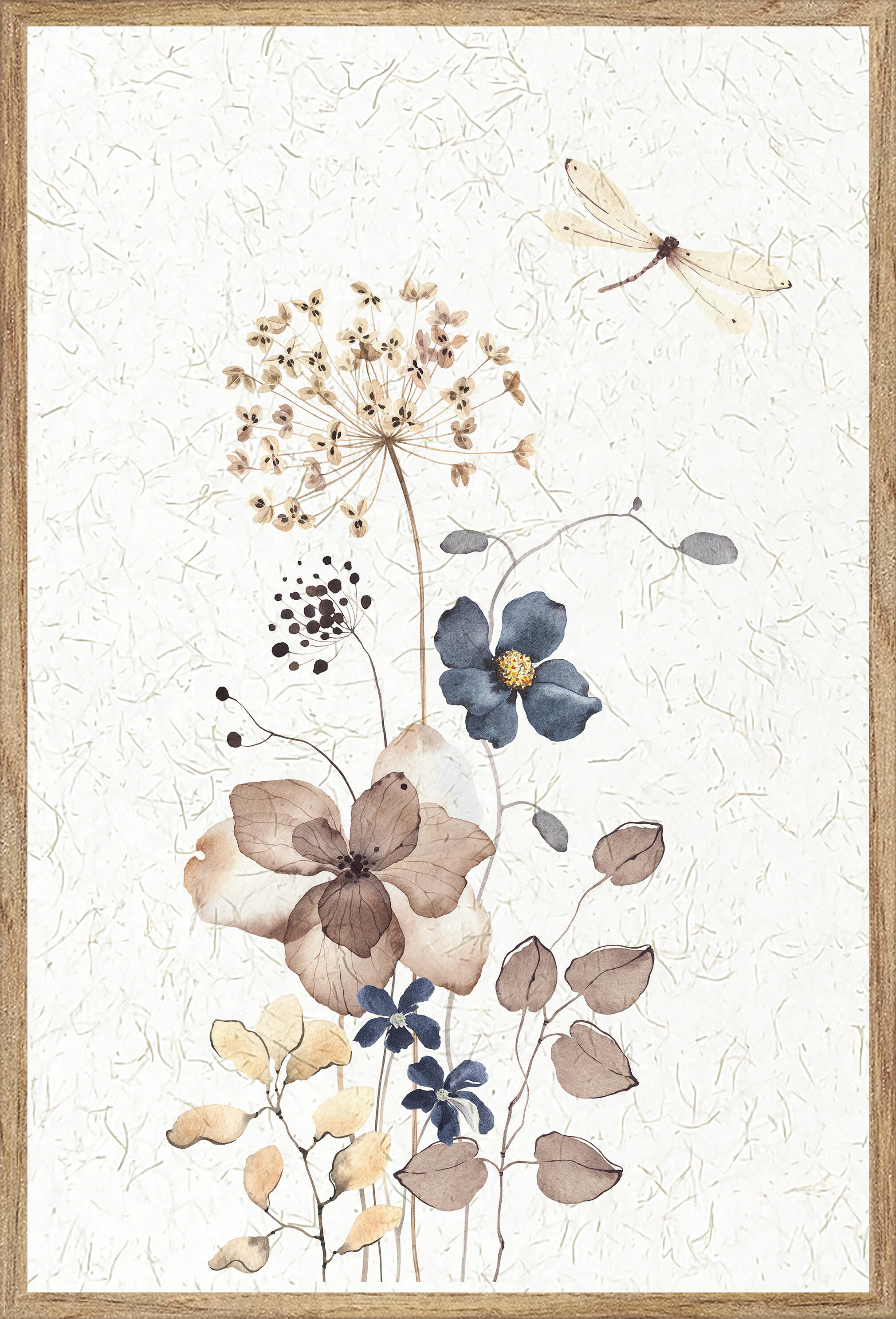 Cuadro pintura impresa enmarcada Botánica rectangular de 21 x 31 cm. MDF Flores azules multicolor. Marco color Haya - 2
