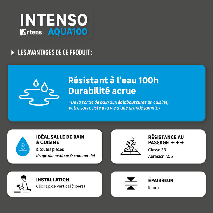 Quel niveau de gamme choisir pour mon usage ?
INTENSO RÉSISTANT À L'EAU 100H: 
Durabilité accrue
