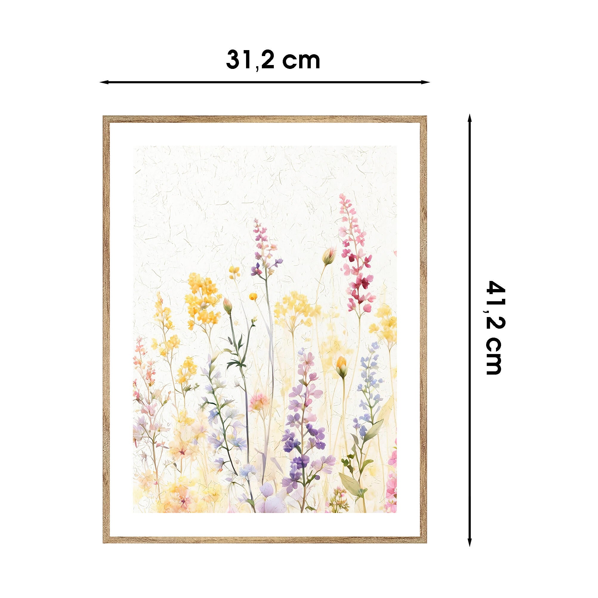 Cuadro pintura impresa enmarcada Botánica rectangular de 31 x 41 cm. MDF Flores lilas multicolor. Marco color Haya - 3
