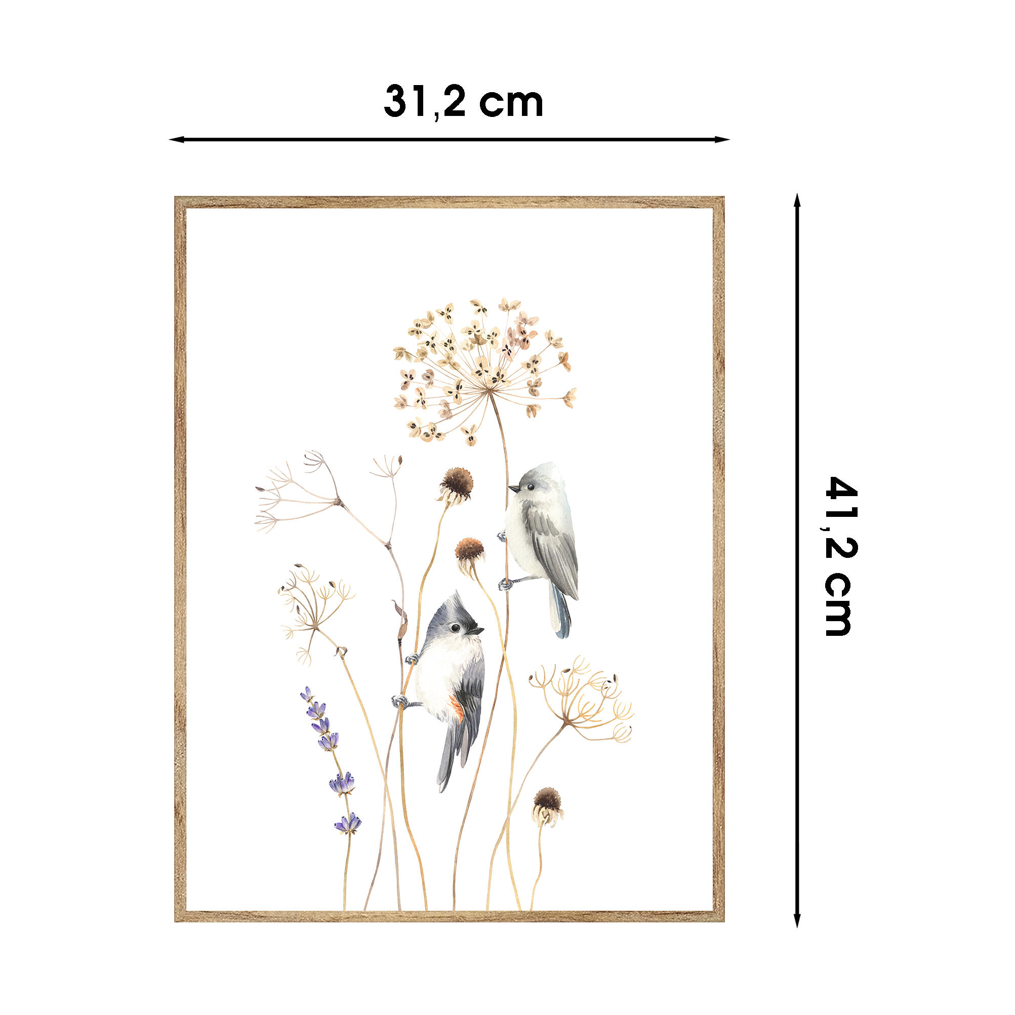 Cuadro pintura impresa enmarcada Botánica rectangular de 31 x 41 cm. MDF Flores Pájaro multicolor. Marco color Haya - 3
