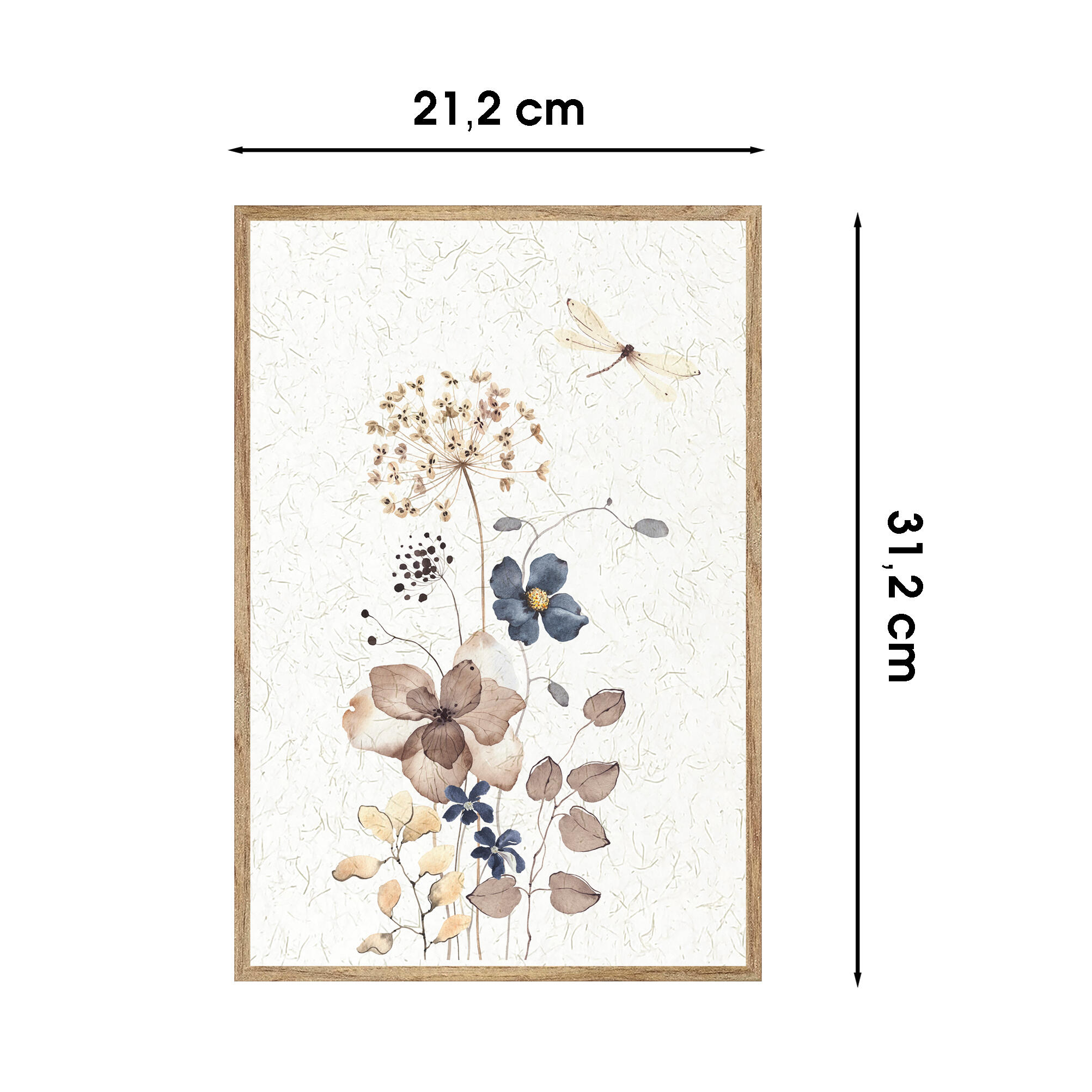 Cuadro pintura impresa enmarcada Botánica rectangular de 21 x 31 cm. MDF Flores azules multicolor. Marco color Haya - 3