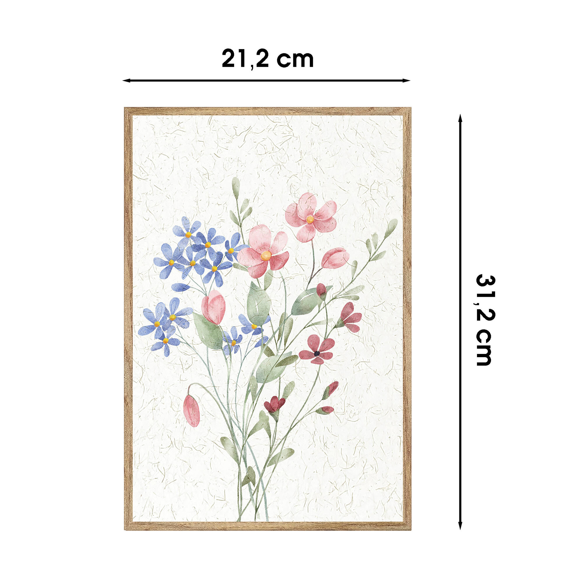 Cuadro pintura impresa enmarcada Botánica rectangular de 21 x 31 cm. MDF Flores acuarela multicolor. Marco color Haya - 3