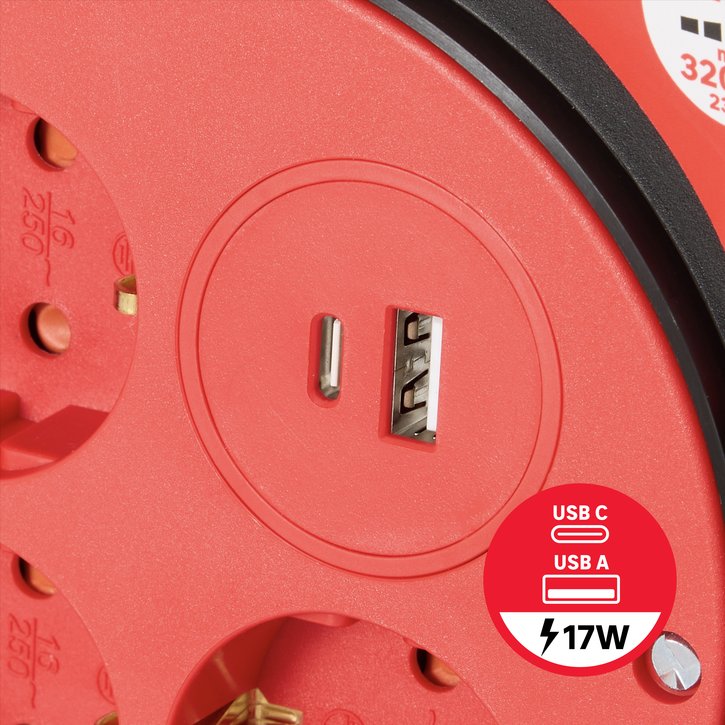 Enrolador LEXMAN 3 tomadas + 2 USB (A+C) 3g1,5 H05-VVF 15metros vemelho/preto - 10