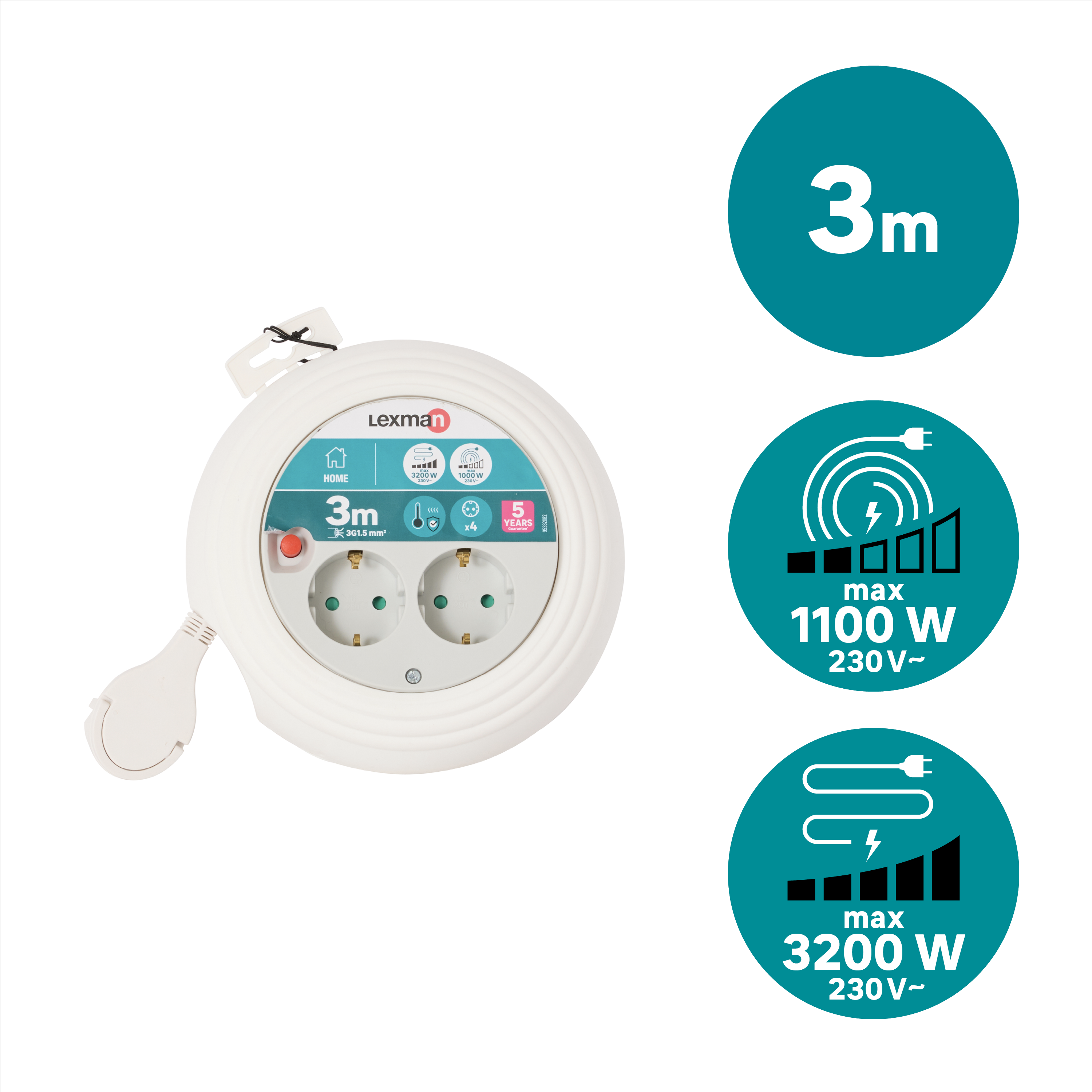 Enrolador LEXMAN 4 tomadas 3g1,5 H05-VVF 3metros branco/cinza - 6