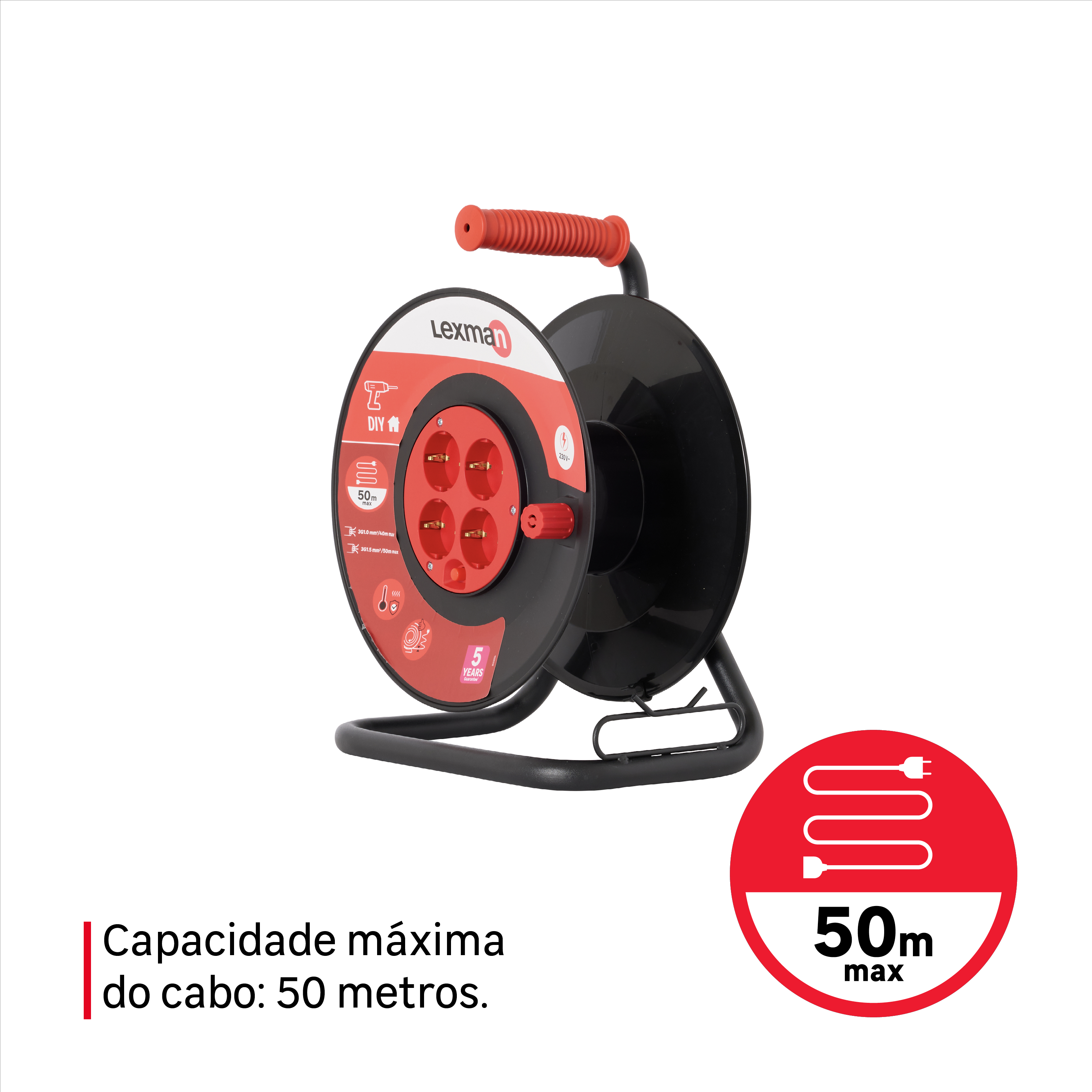 Enrolador LEXMAN 4 tomadas sem cabo vermelho/preto - 8