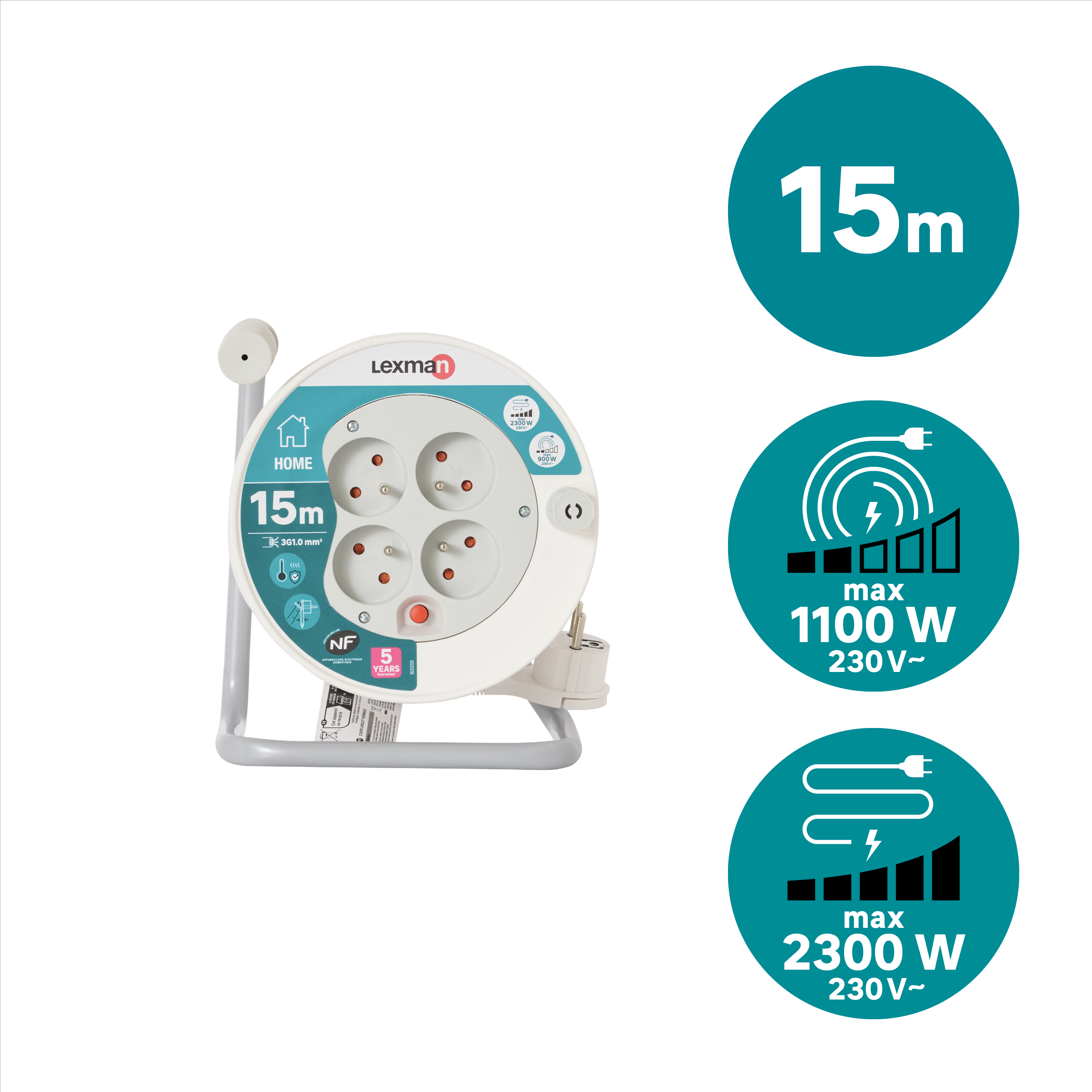 Enrouleur avec terre L.15 m H05VV-F 3G1 mm², LEXMAN - 8