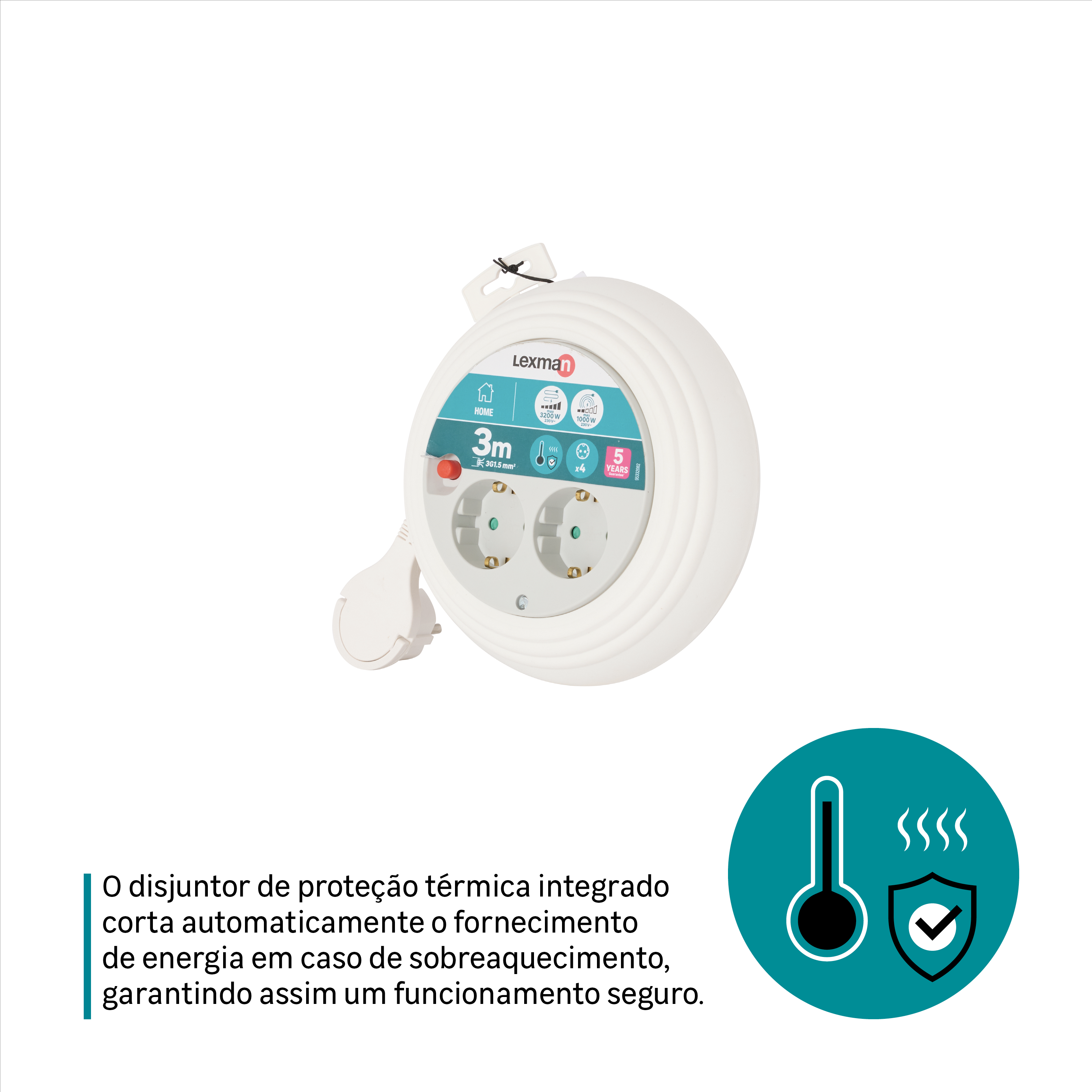 Enrolador LEXMAN 4 tomadas 3g1,5 H05-VVF 3metros branco/cinza - 5