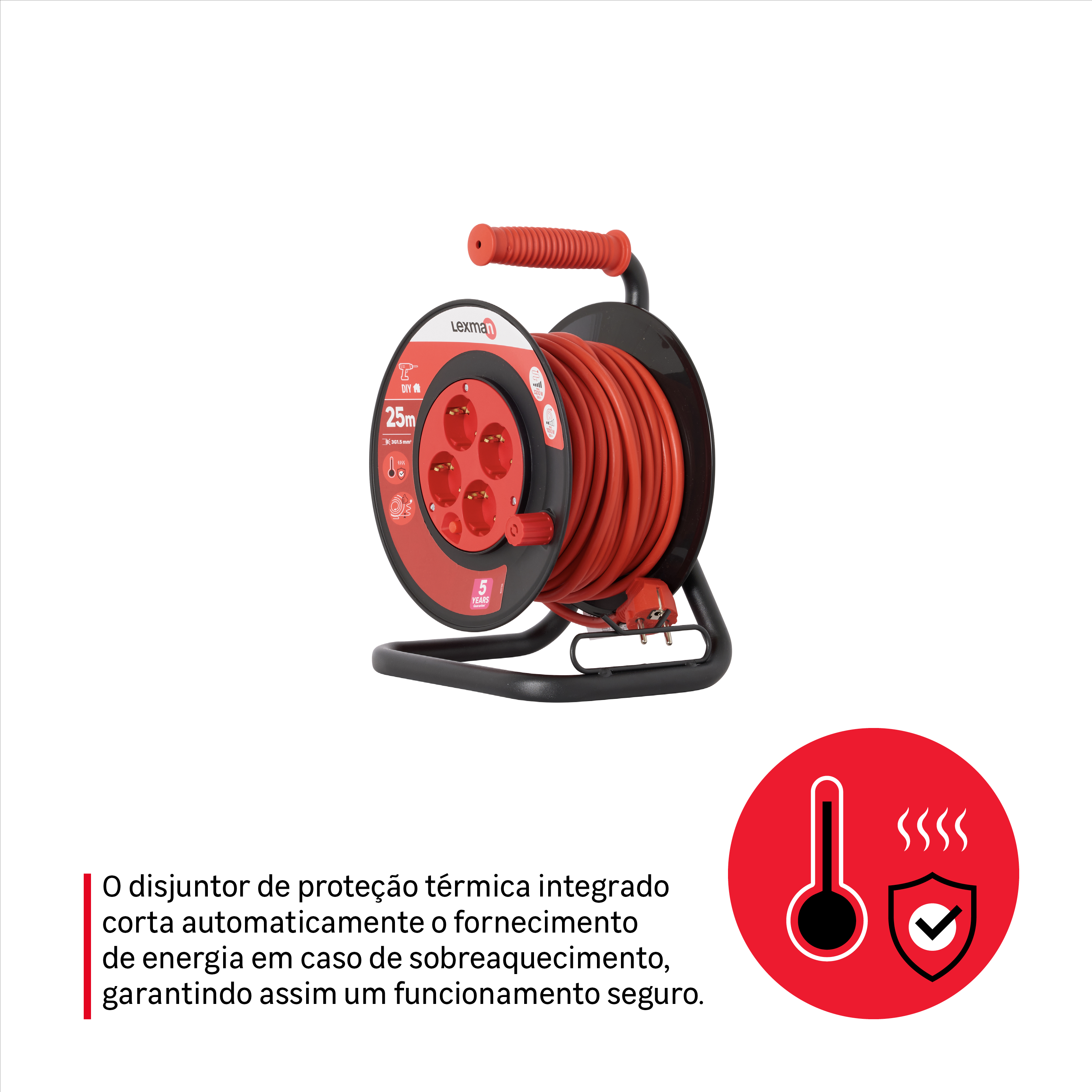 Enrolador LEXMAN 4 tomadas 3g1,5 H05-VVF 25metros vemelho/preto - 6