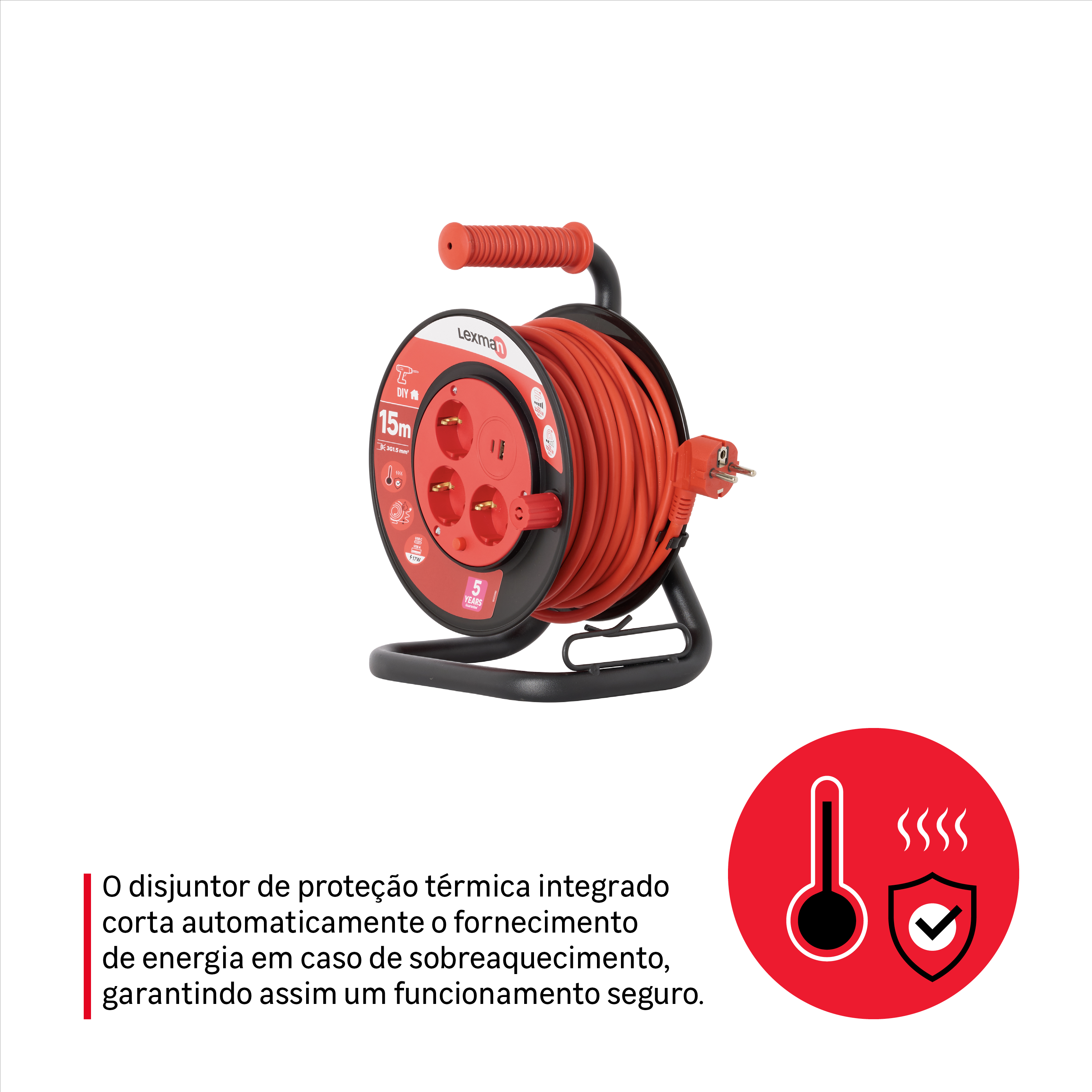 Enrolador LEXMAN 3 tomadas + 2 USB (A+C) 3g1,5 H05-VVF 15metros vemelho/preto - 7