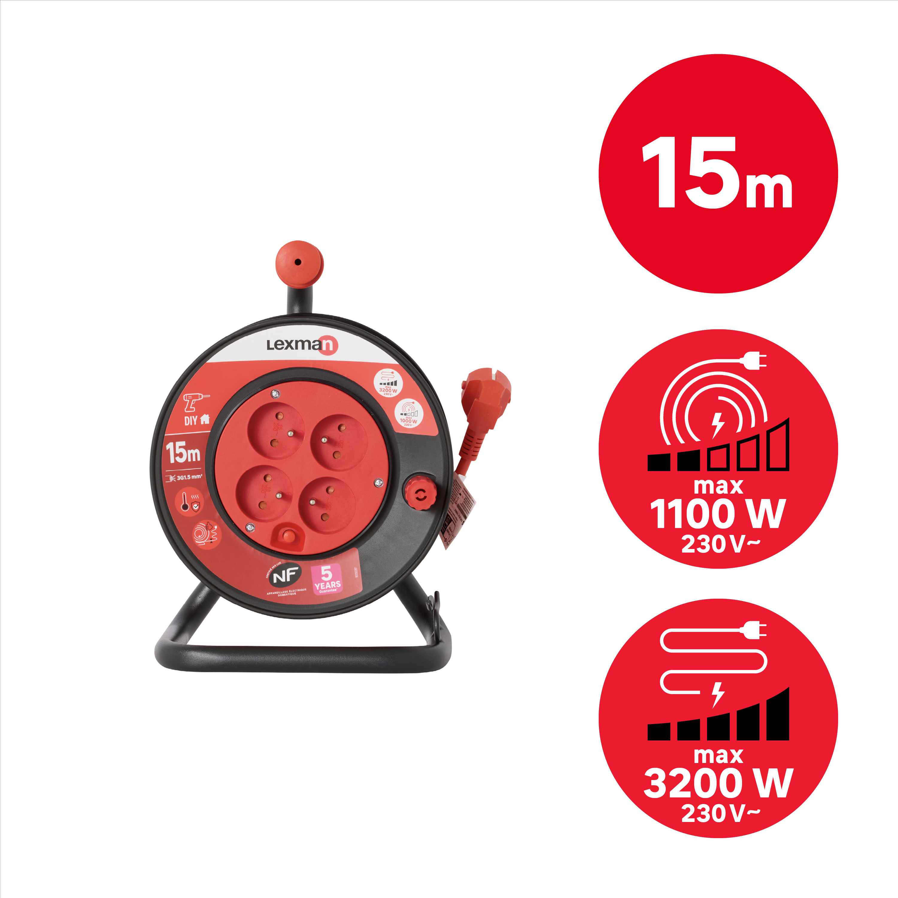 Enrouleur avec terre L.15 m H05VV-F 3G1.5 mm², LEXMAN - 7