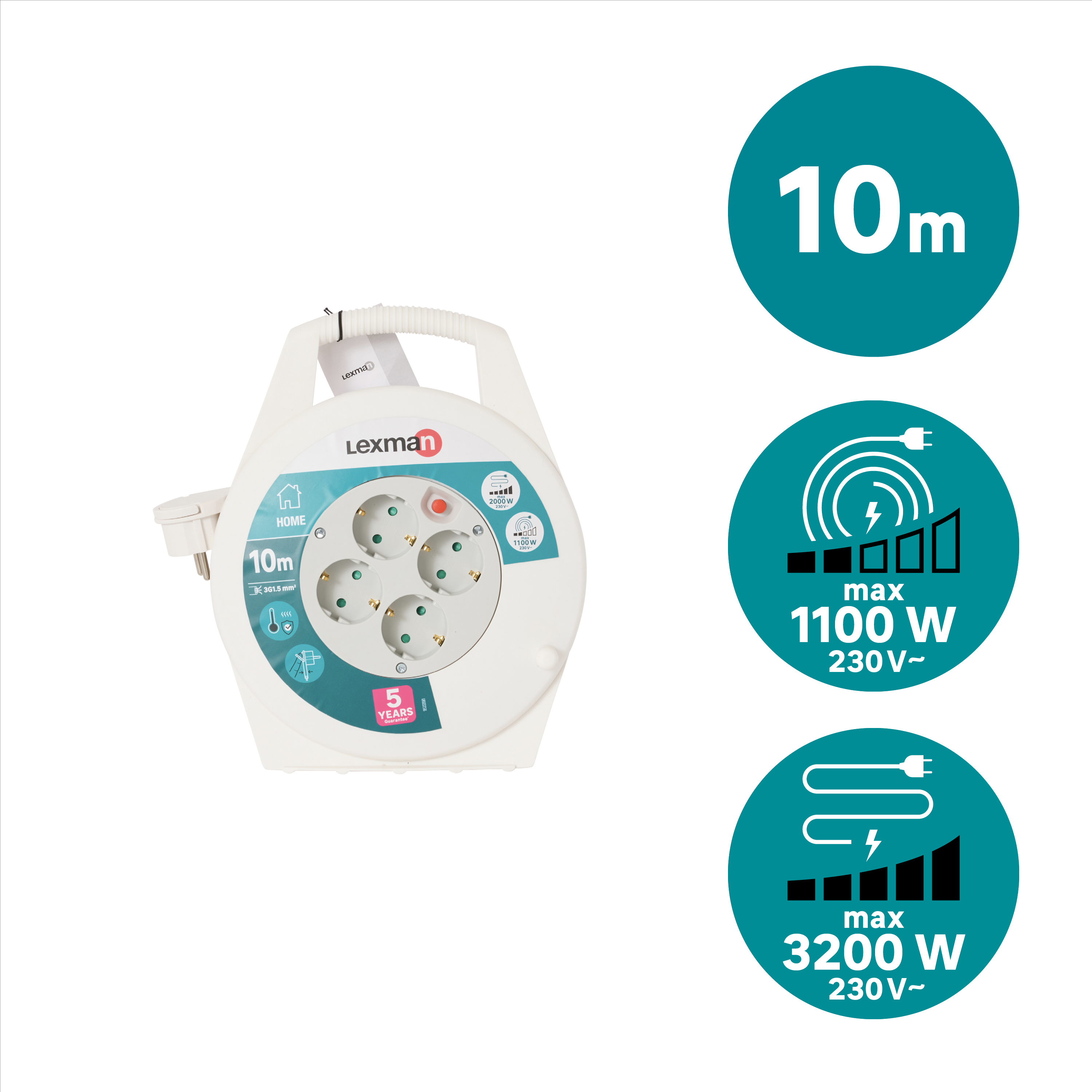 Enrolador LEXMAN 4 tomadas 3g1,5 H05-VVF 10metros branco/cinza - 7