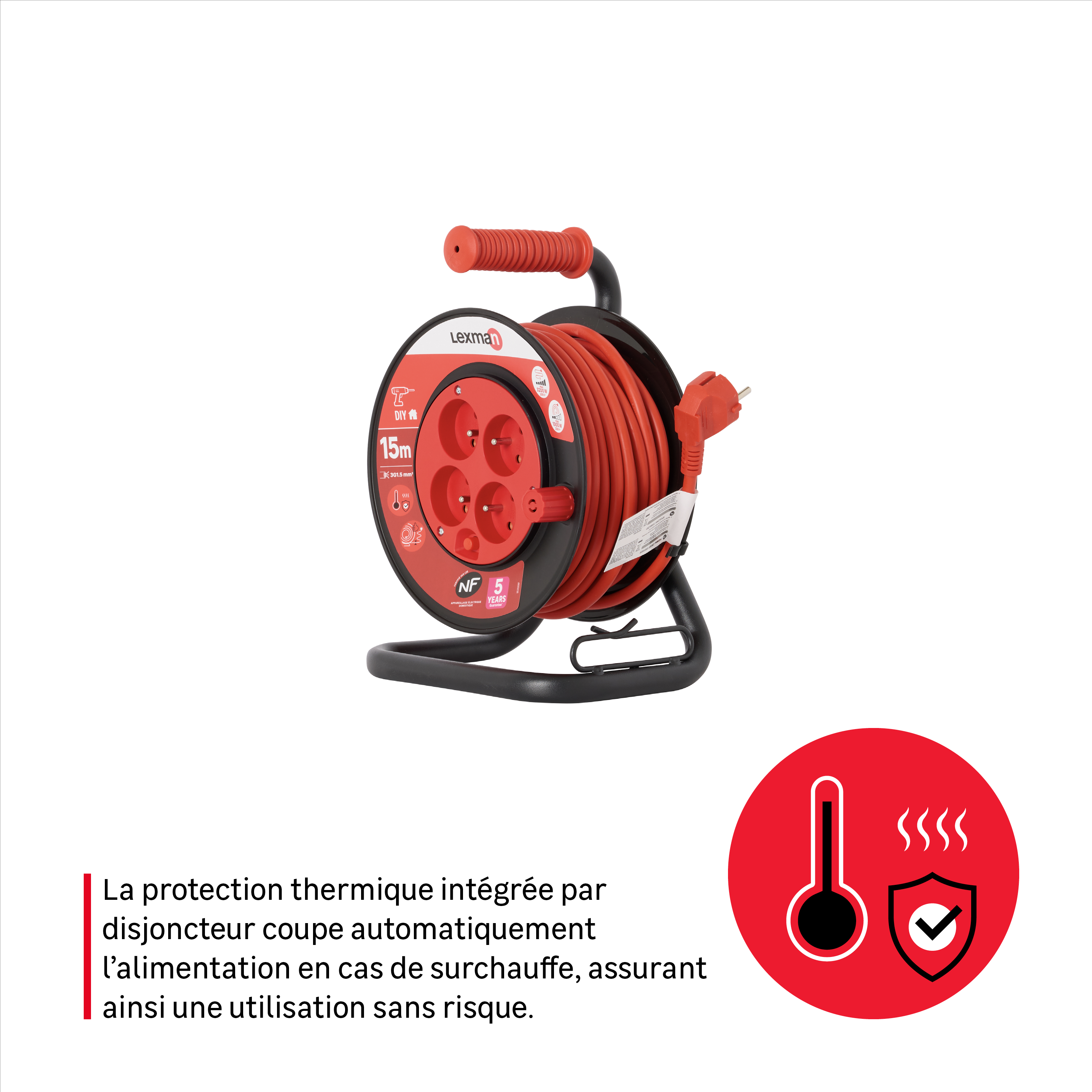 Enrouleur avec terre L.15 m H05VV-F 3G1.5 mm², LEXMAN - 6