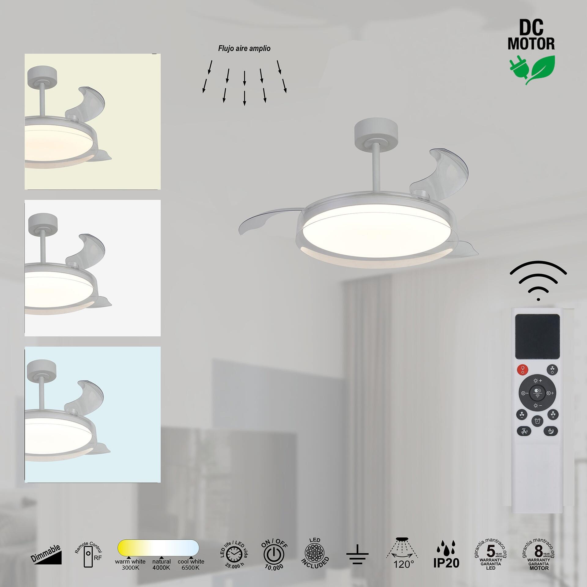 Ventilador de techo con luz silencioso DC 25W con mando ø91 cm Glass Fan MANTRA blanco luz CCT 3 aspas retráctiles tipo lámpara| 8 velocidades| recomendado para <13m² - 7