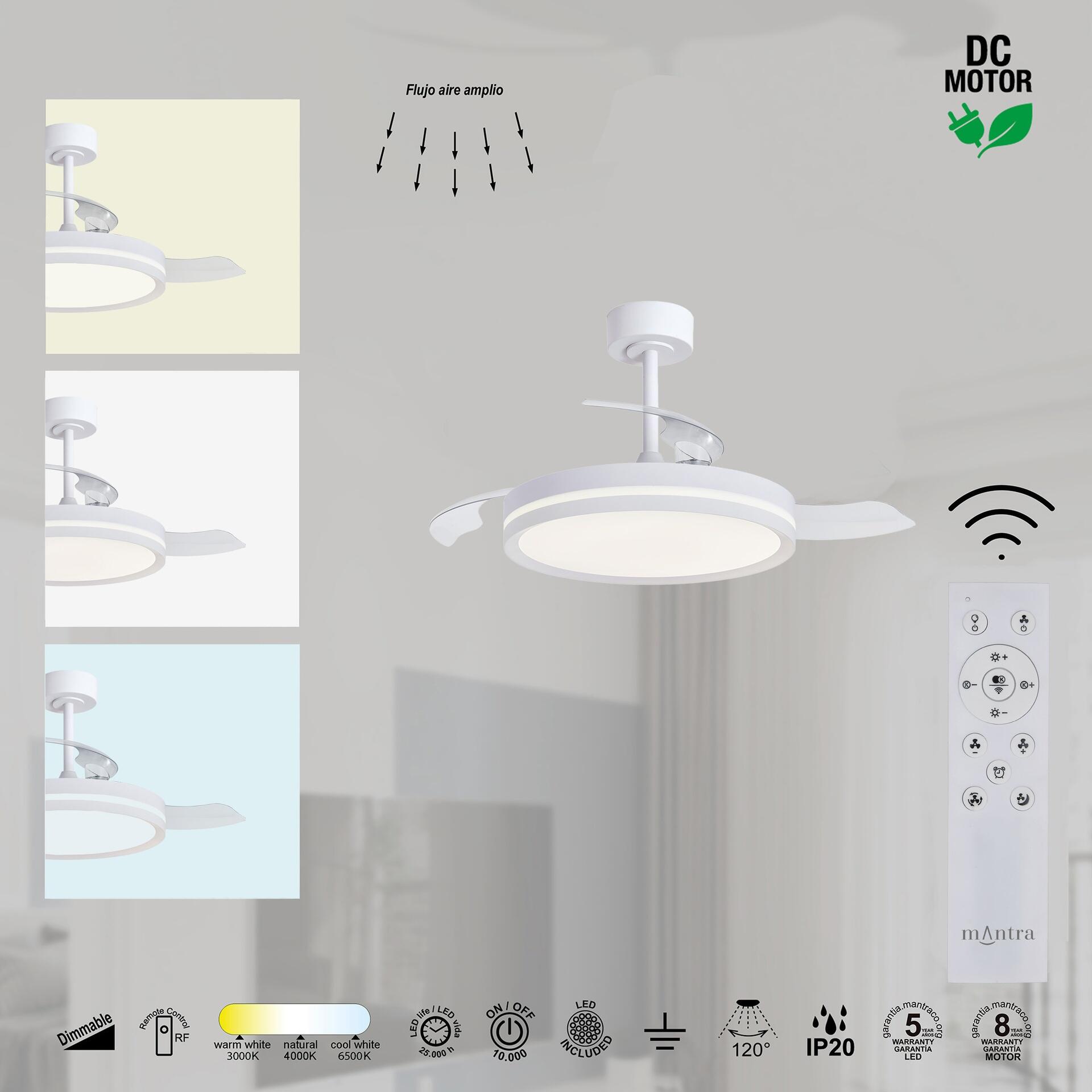 Ventilador de techo con luz silencioso DC 24W con mando ø91 cm Villena MANTRA blanco luz CCT 3 aspas retráctiles tipo lámpara| 6 velocidades| modo verano/invierno| temporizador| recomendado para <13m² - 9
