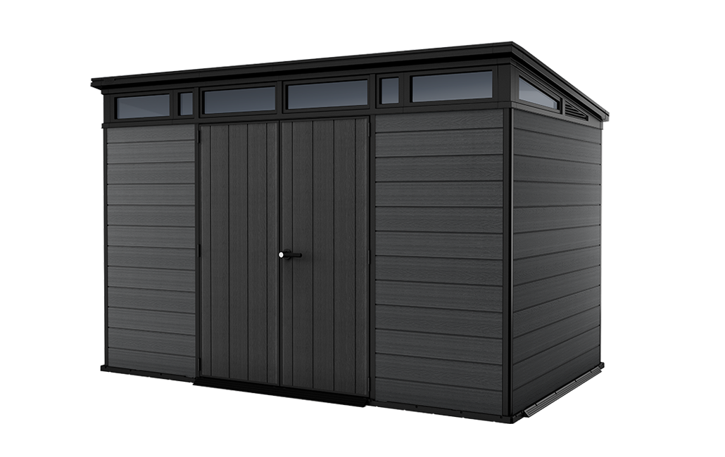caseta de resina cortina 117 de 340x226x218 cm y 74 m2 con 20 mm espesor y doble puerta abatible keter