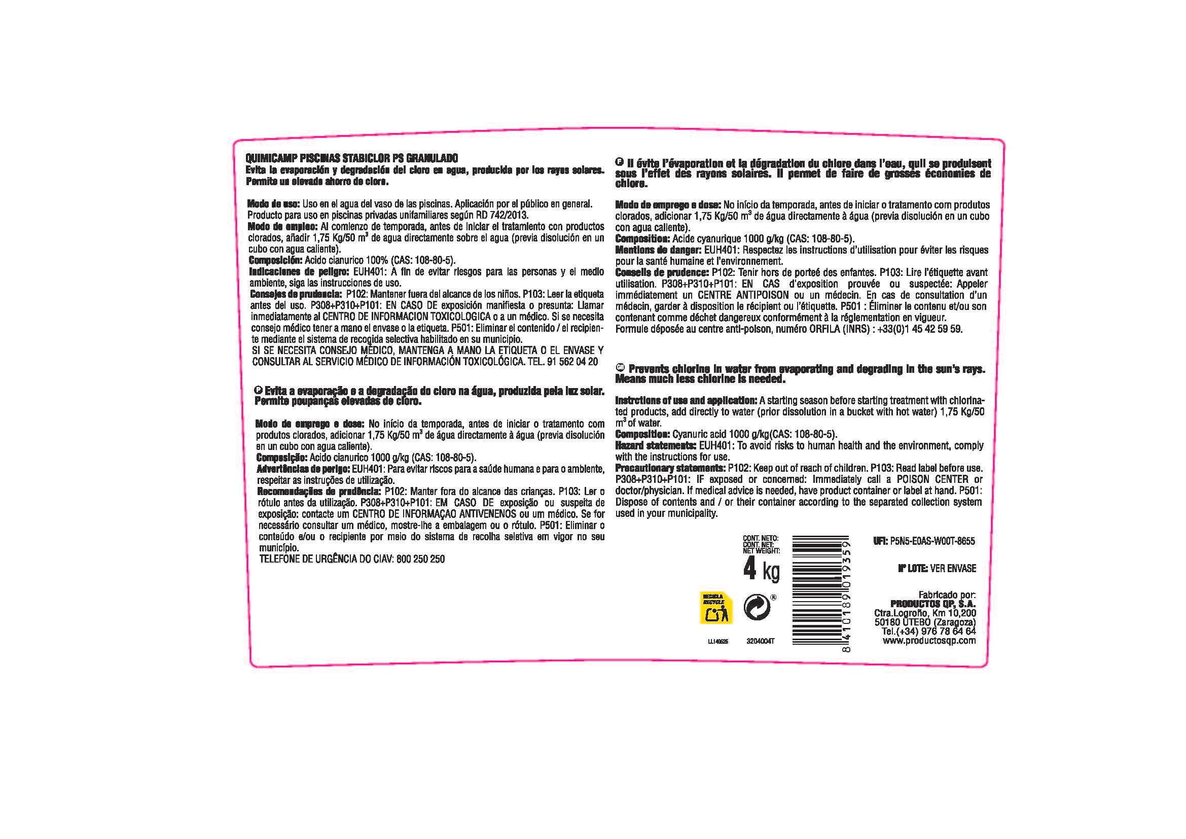 ESTABILIZADOR DE CLORO GRANULADO 4KG QUIMICAMP STABICLOR PS - 2