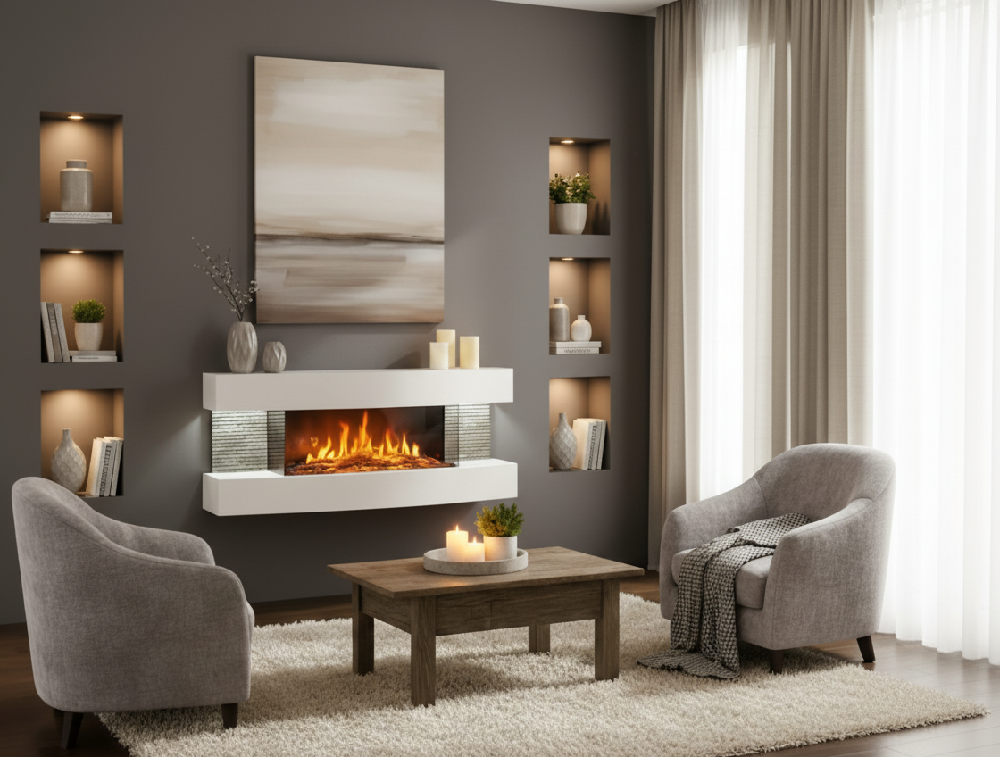 Chemin'Arte Cheminée électrique Murale Lounge Blanche 120 cm, Effet flamme LED - 4