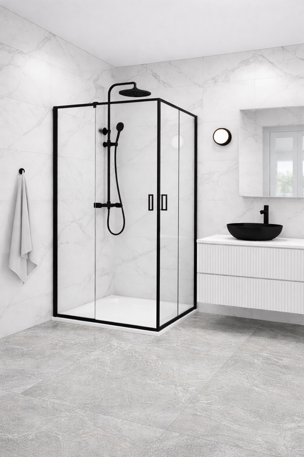 Diapositive Modernidad urbana: El poder del contraste en tu baño