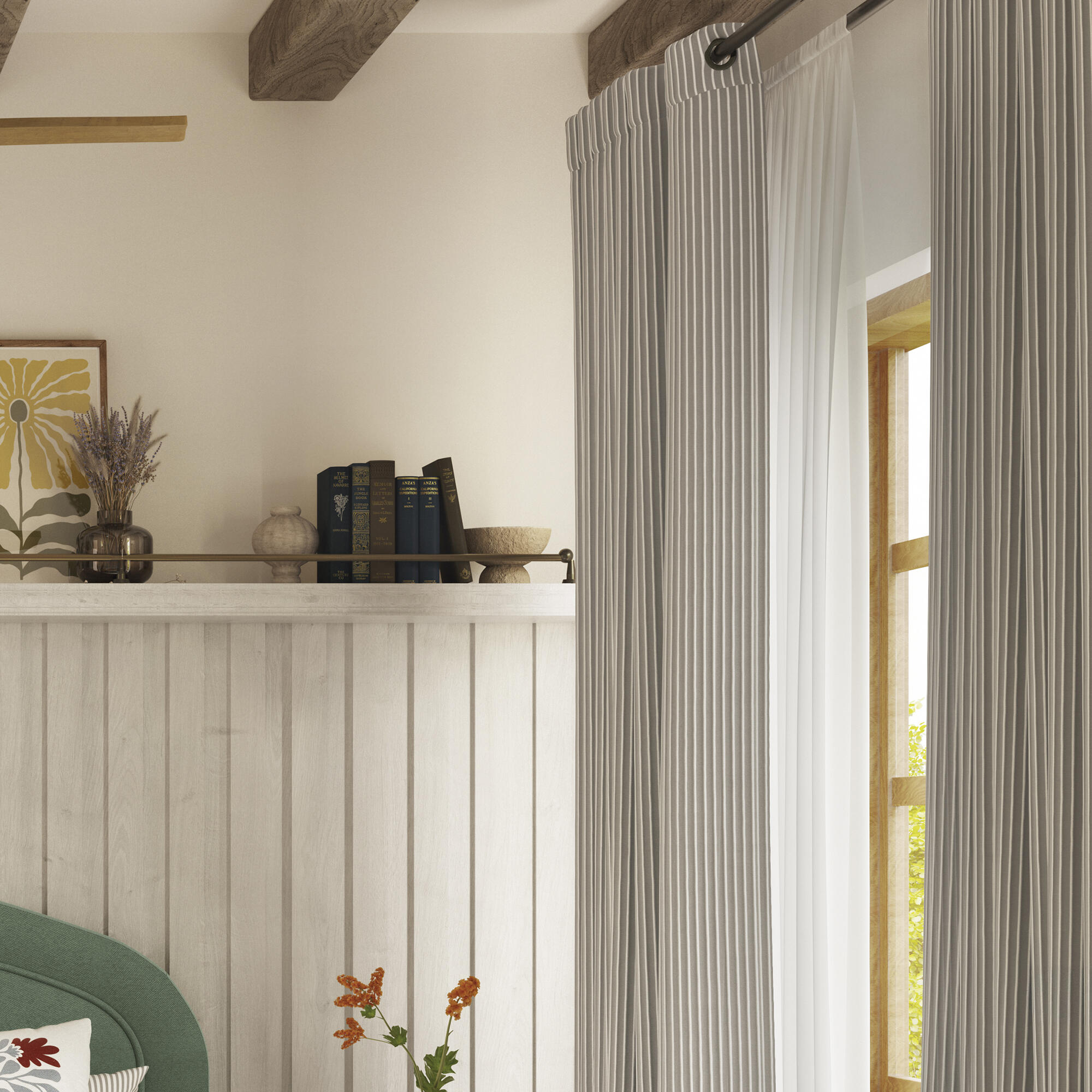 Visillo  ollaos Benisa algodón INSPIRE rayas beige y blanco trench de 140x280cm - 11