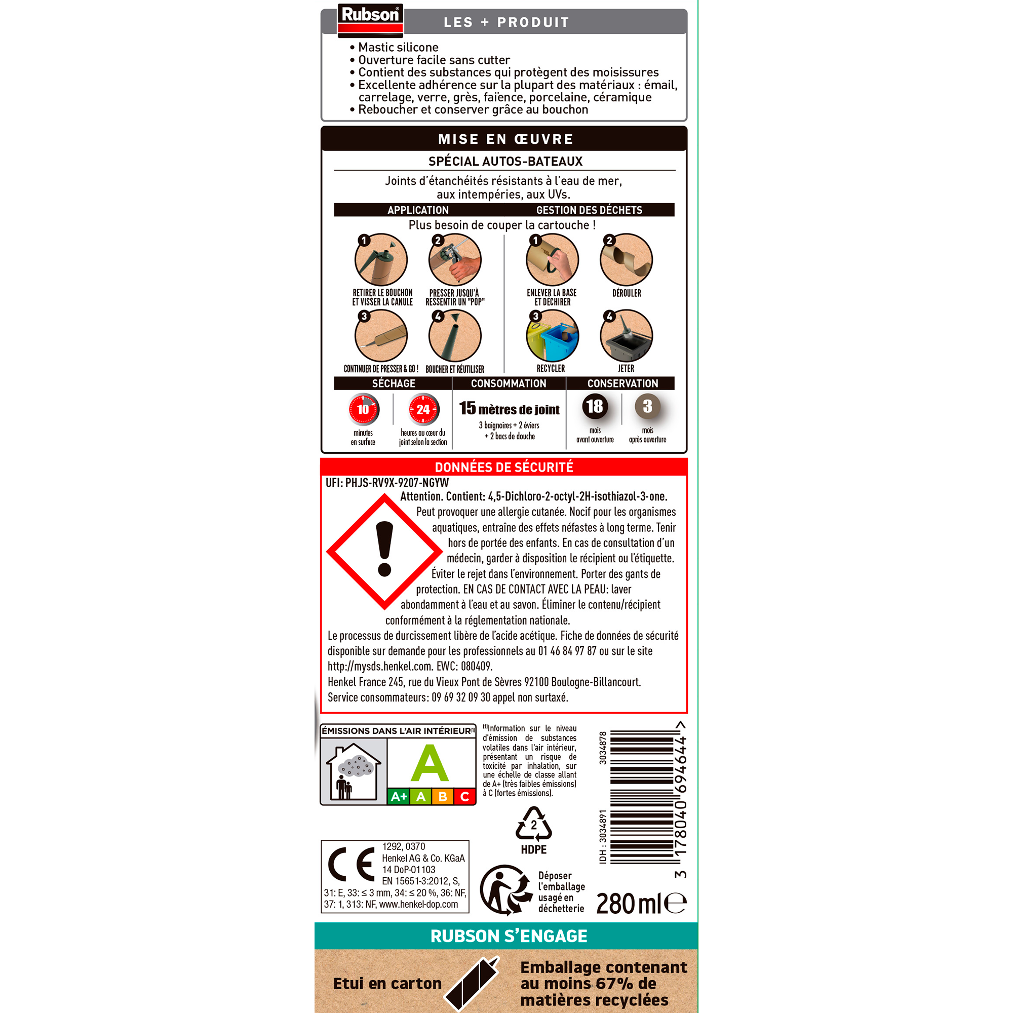 Silicone d'étanchéité Spécial auto et bateaux RUBSON noir, 280 ml - 8
